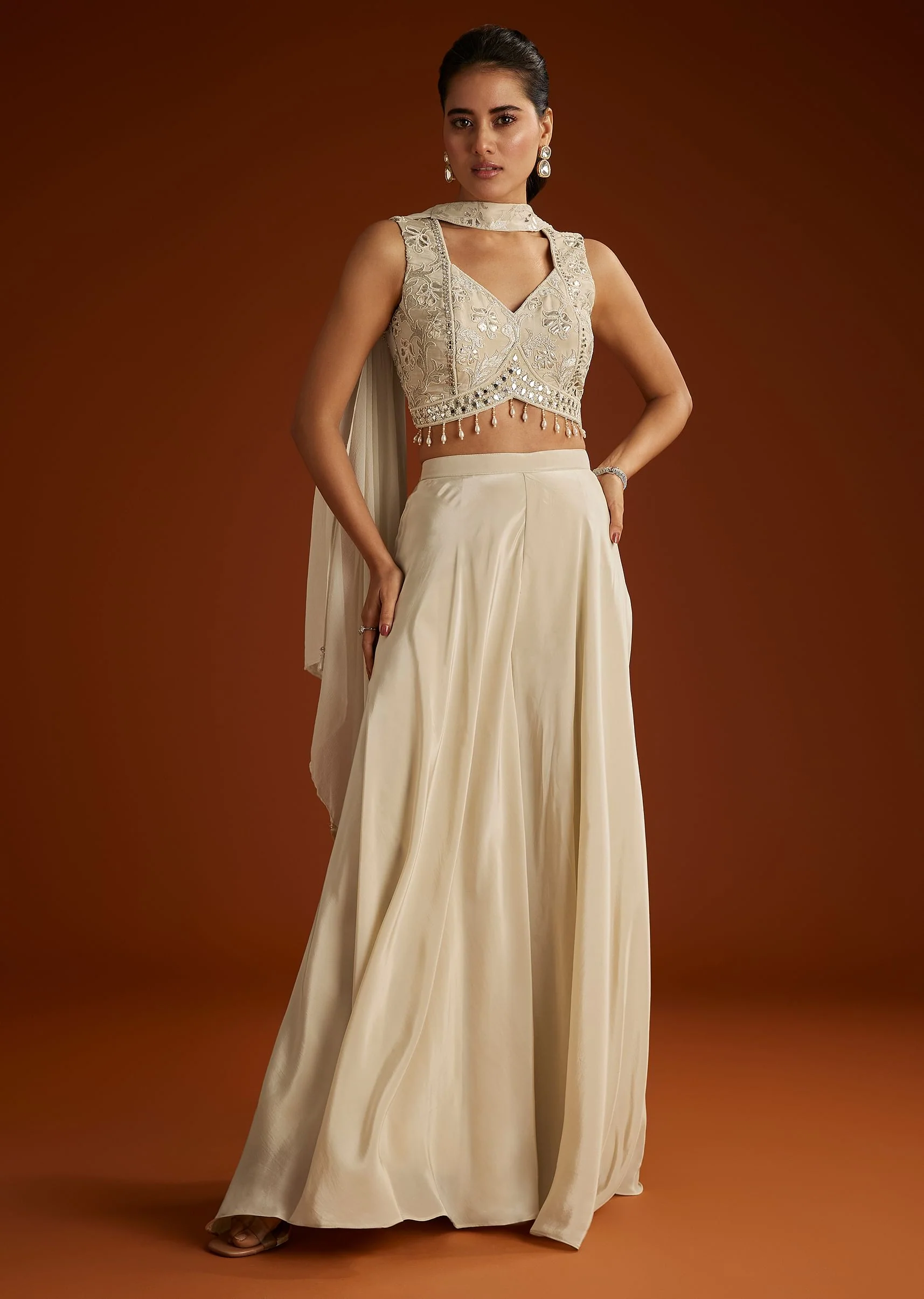 Cream Patch And Mirrorwork Crop Top With Choker Dupatta - Image 3