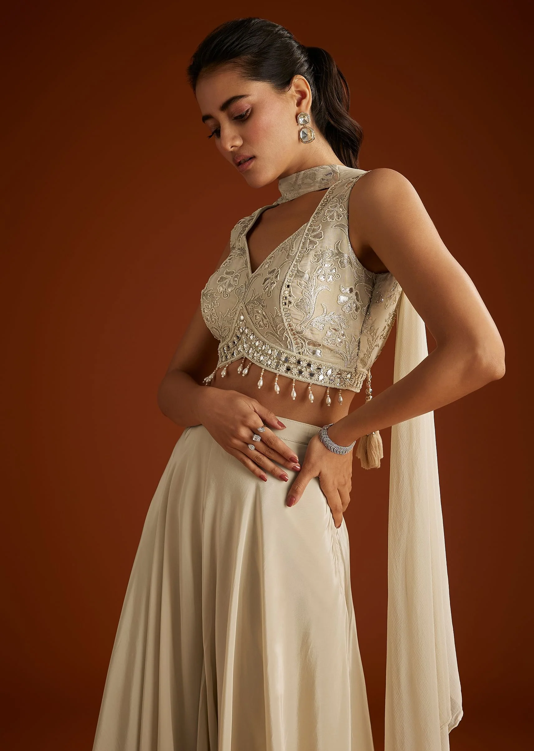 Cream Patch And Mirrorwork Crop Top With Choker Dupatta - Image 4