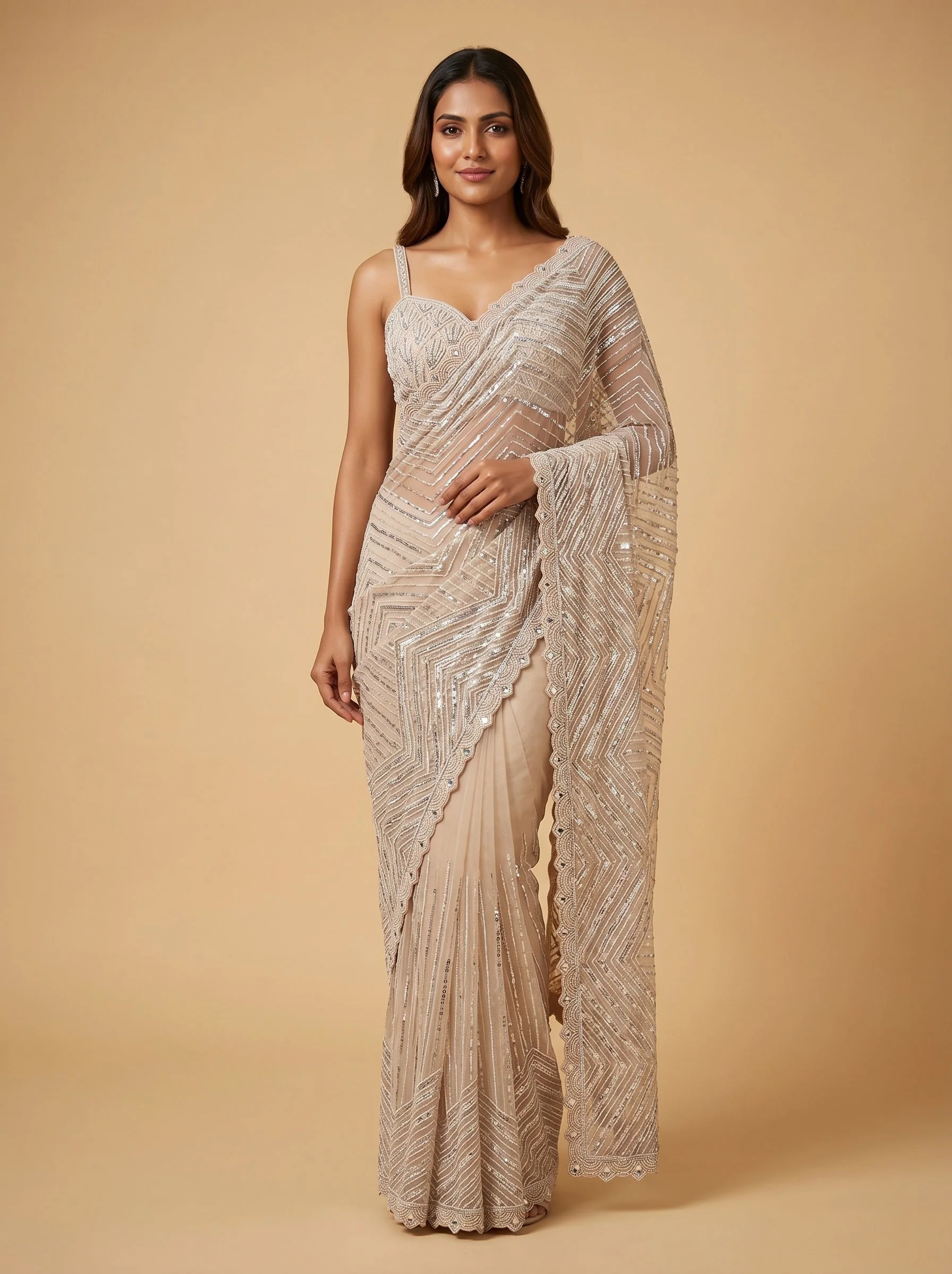 Cream Polished Surface Embroidered Saree