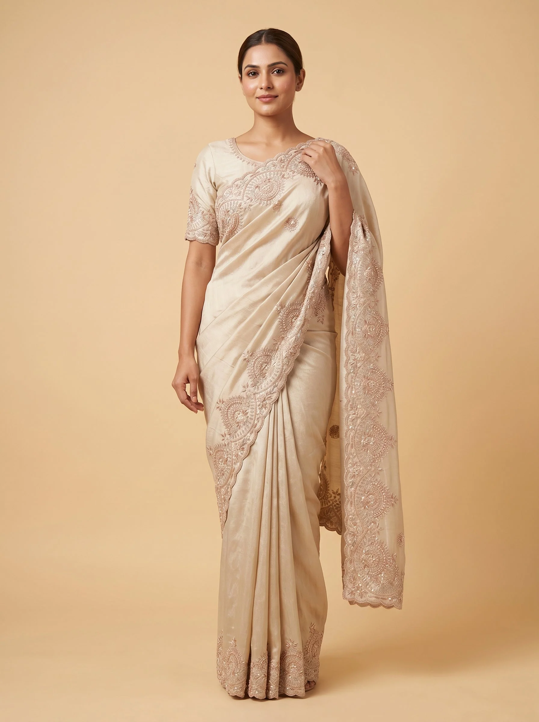 Cream Polished Texture Embroidered Saree