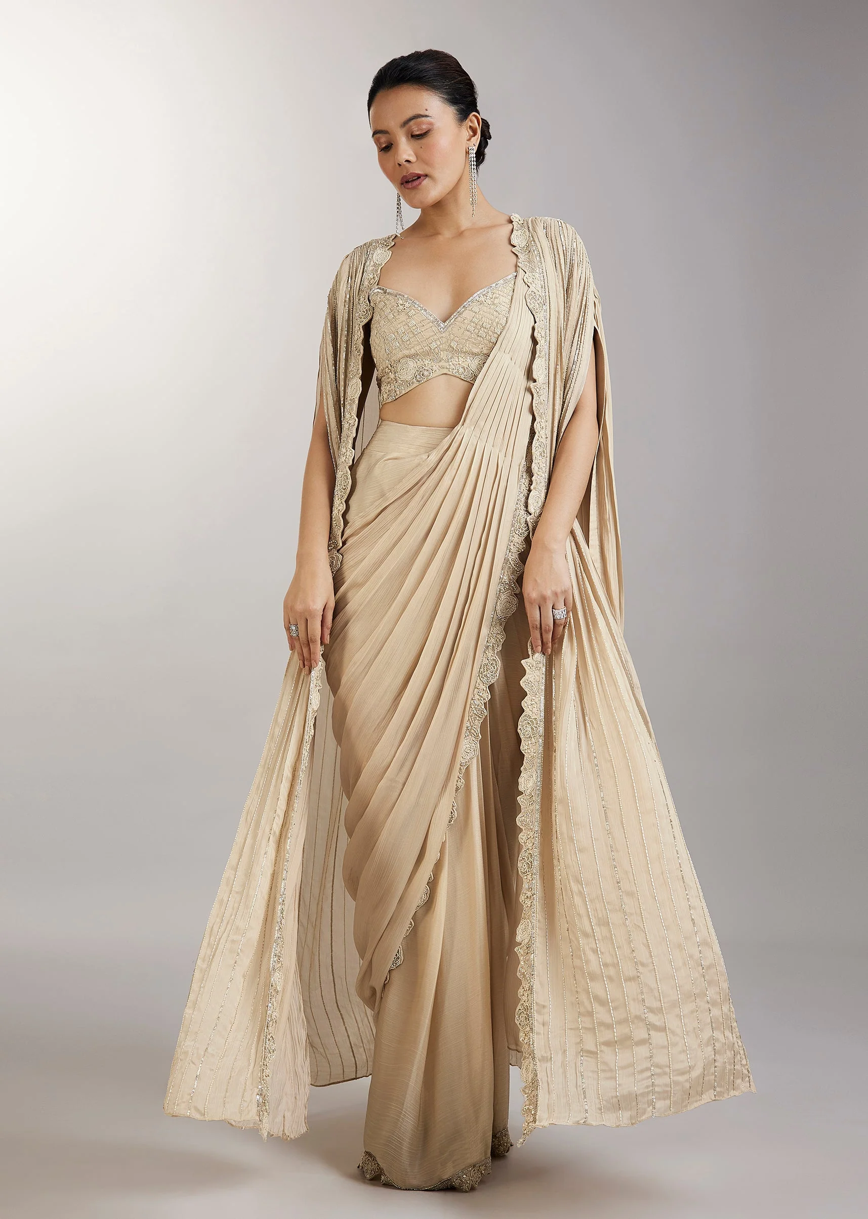 Cream Pre Draped Indo Western Saree With Jacket - Image 3