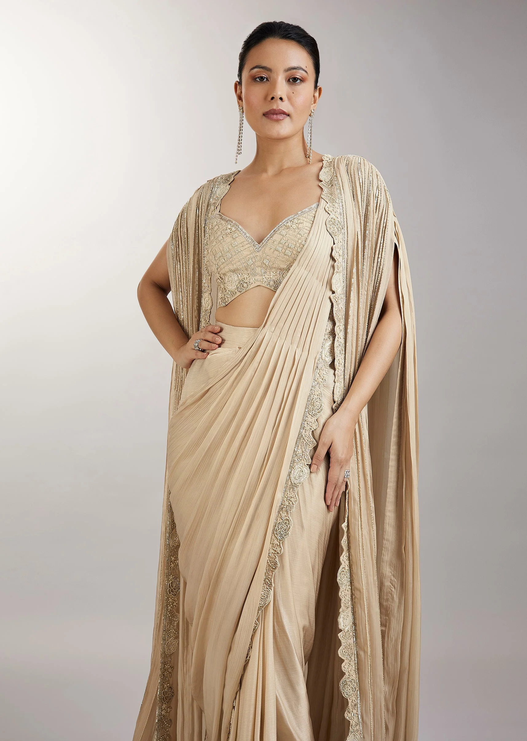 Cream Pre Draped Indo Western Saree With Jacket - Image 5