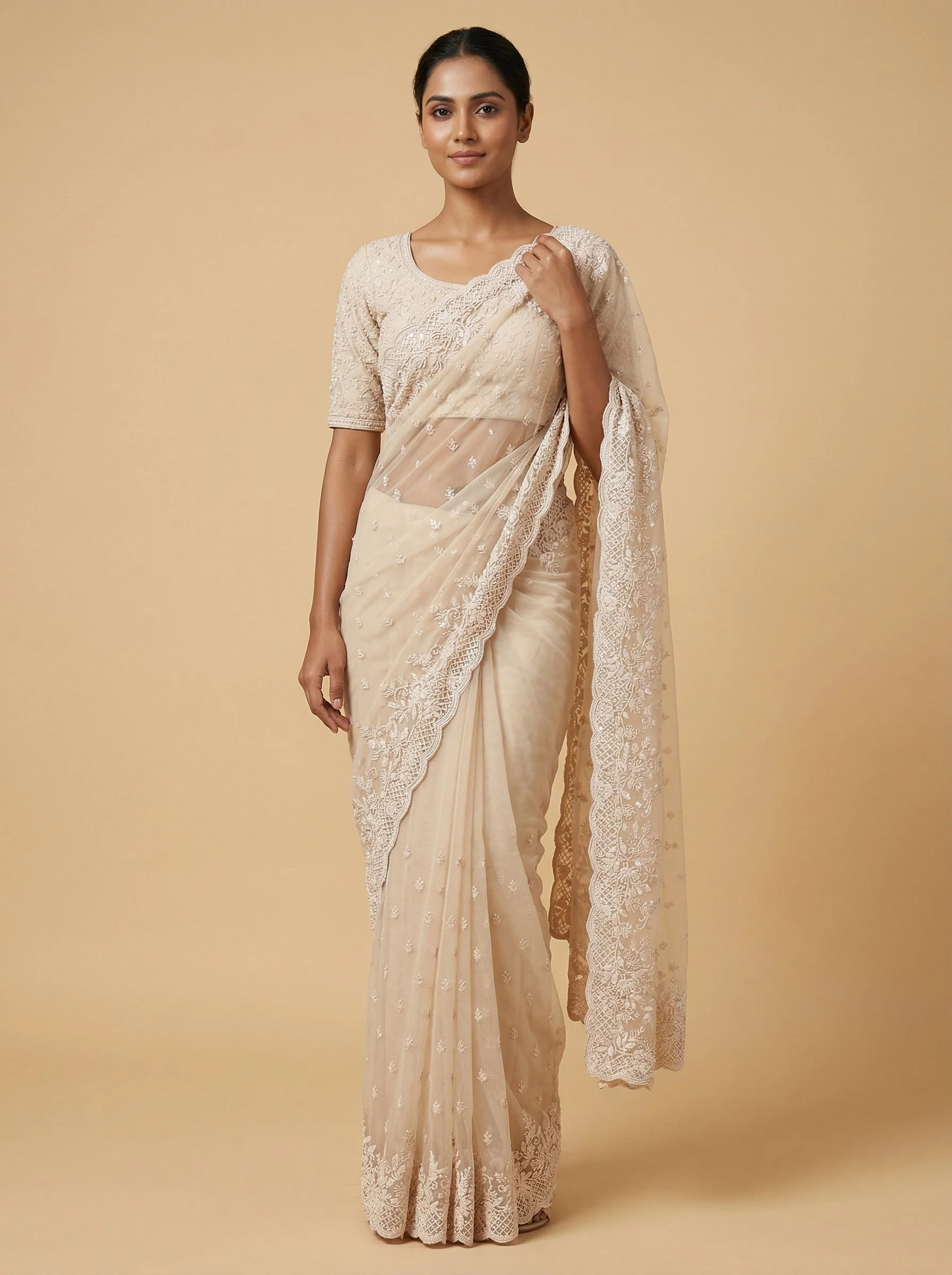 Cream Refined Embroidered Saree
