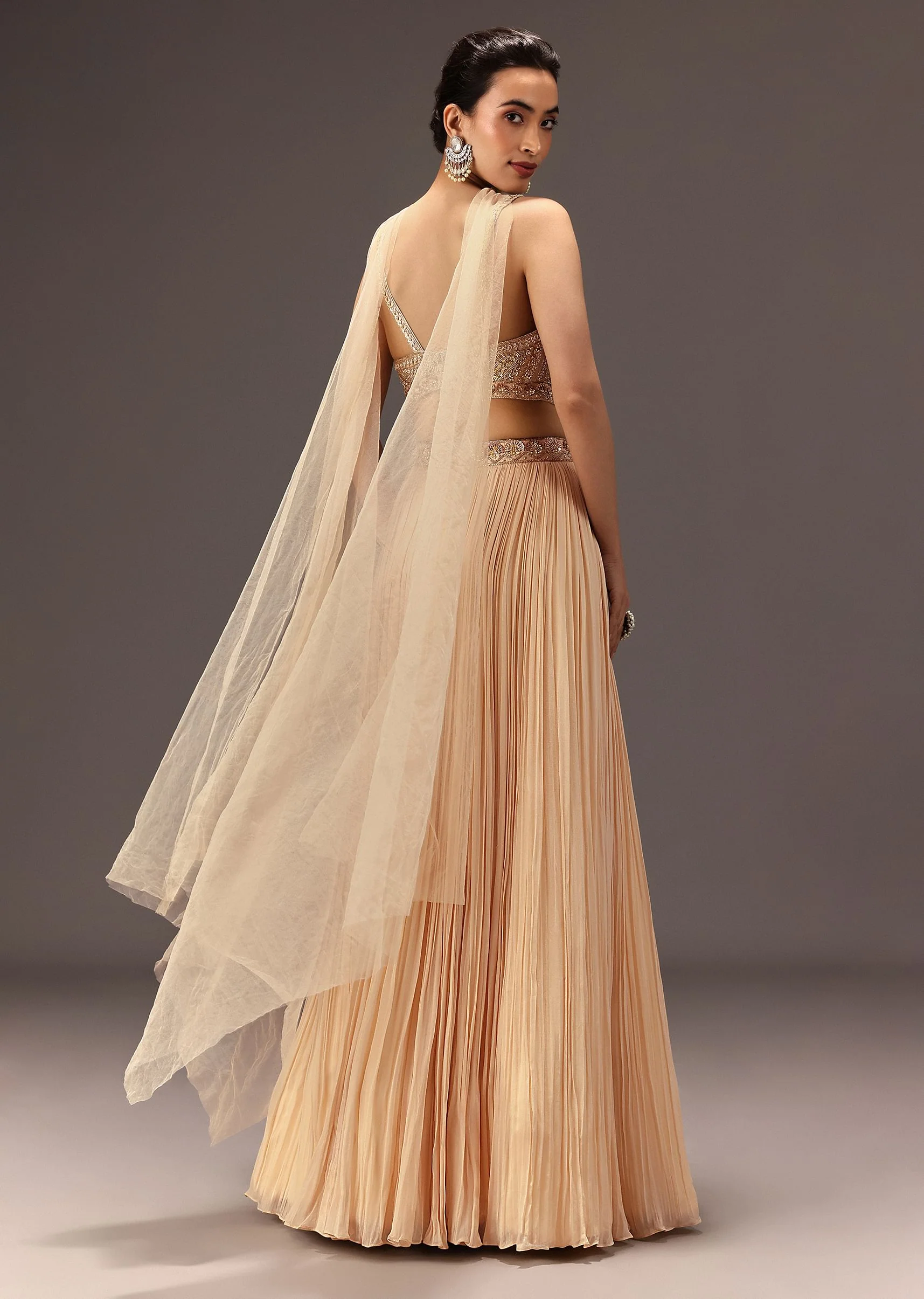 Cream Ruched Lehenga Set With Hand Embroidery - Image 5