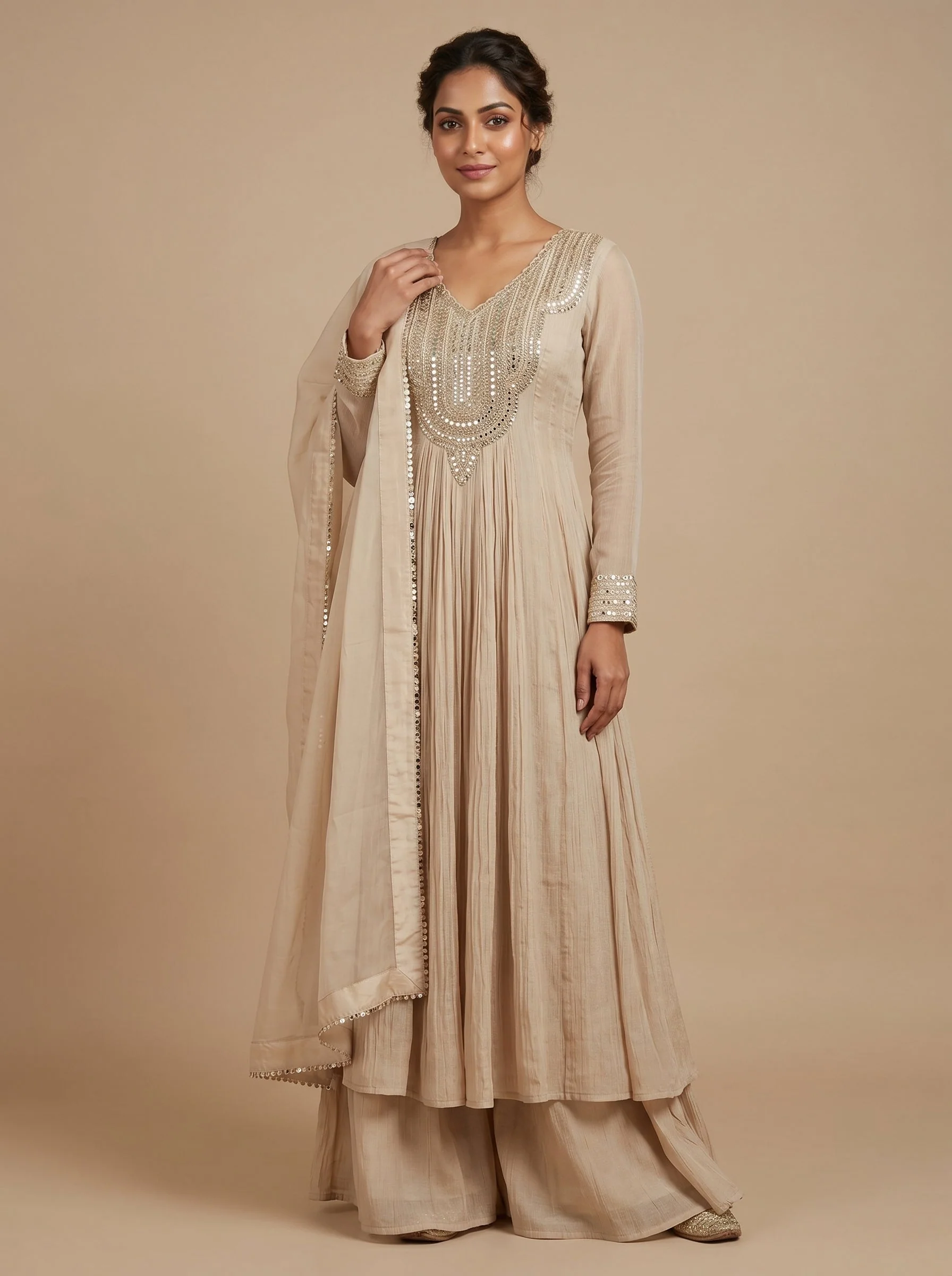 Cream Satin Anarkali