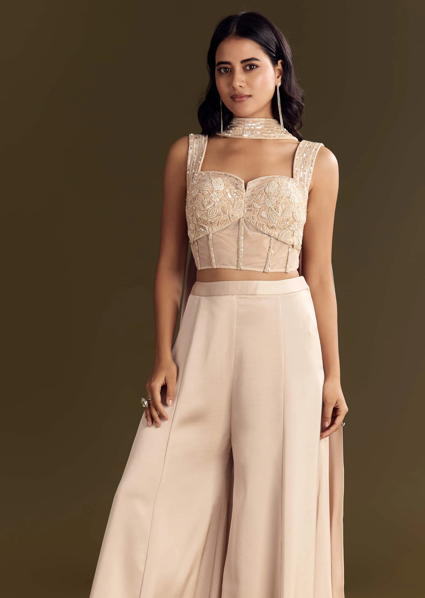 Cream Satin Bustier Palazzo Suit With Choker Dupatta