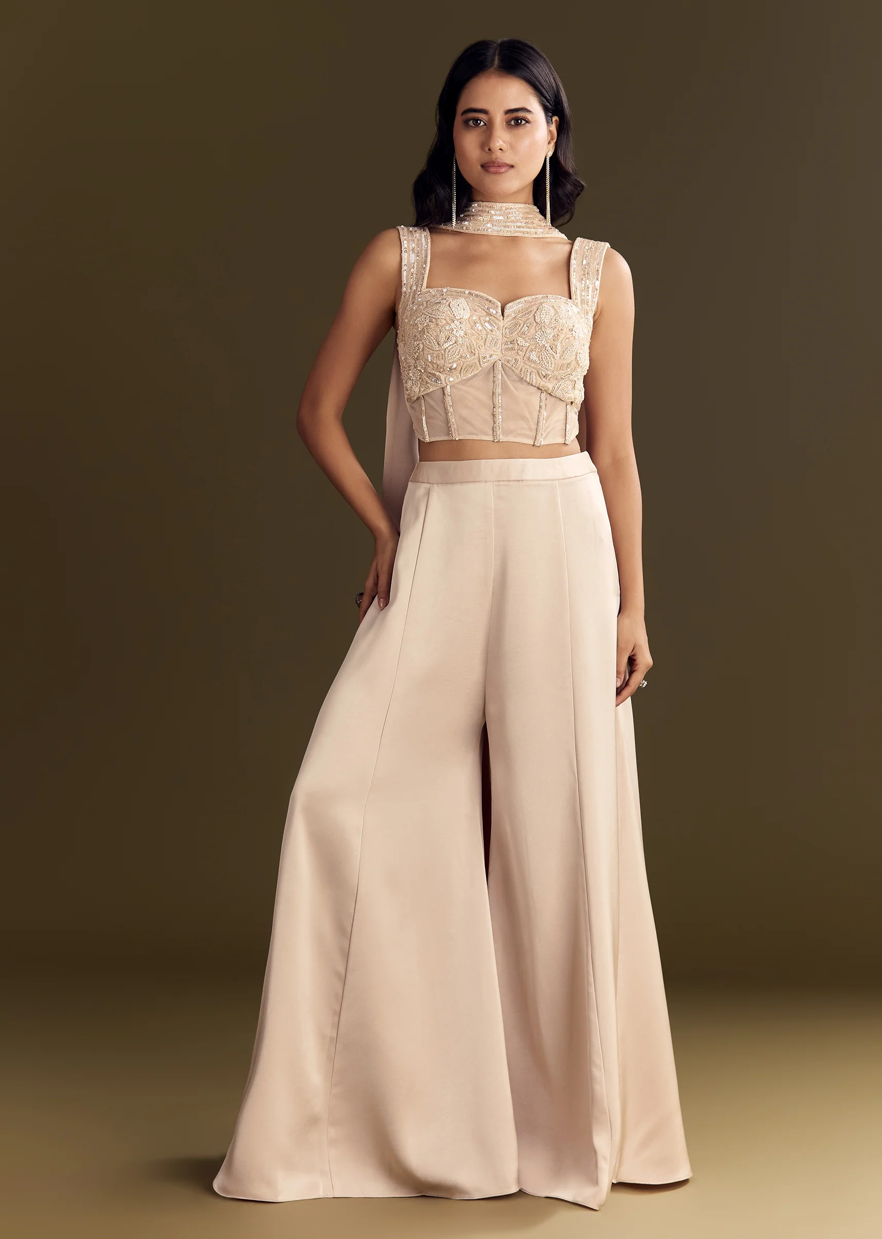 Cream Satin Bustier Palazzo Suit With Choker Dupatta - Image 4
