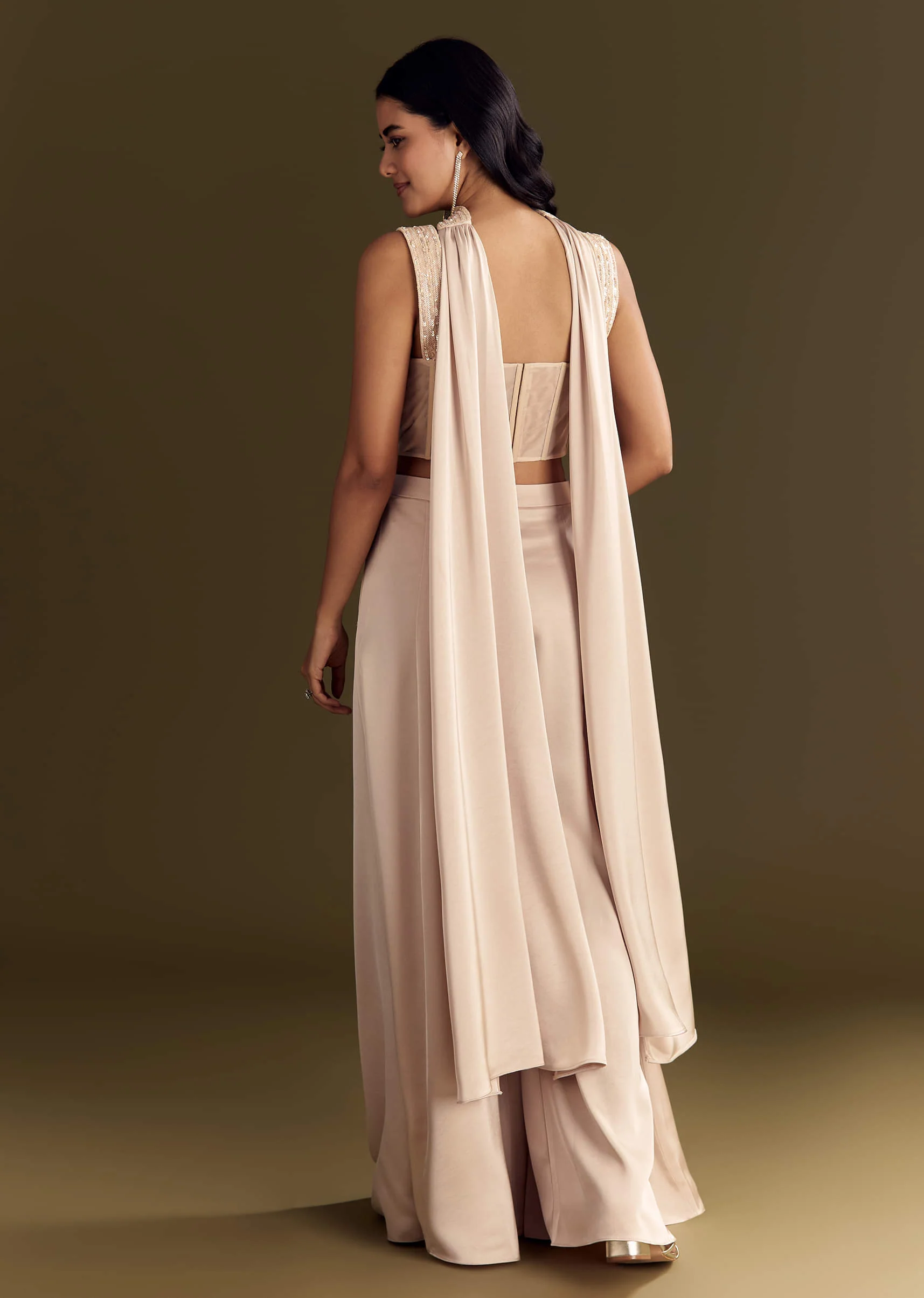Cream Satin Bustier Palazzo Suit With Choker Dupatta - Image 5