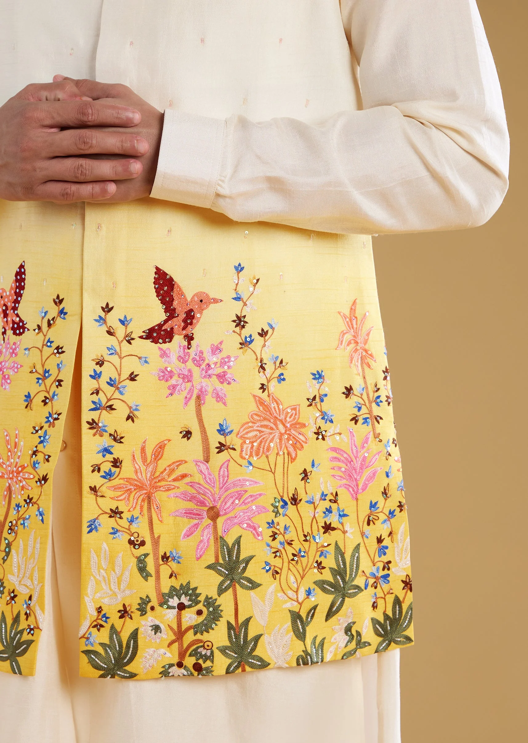 Cream Silk Embellished Jacket and Kurta Set - Image 2