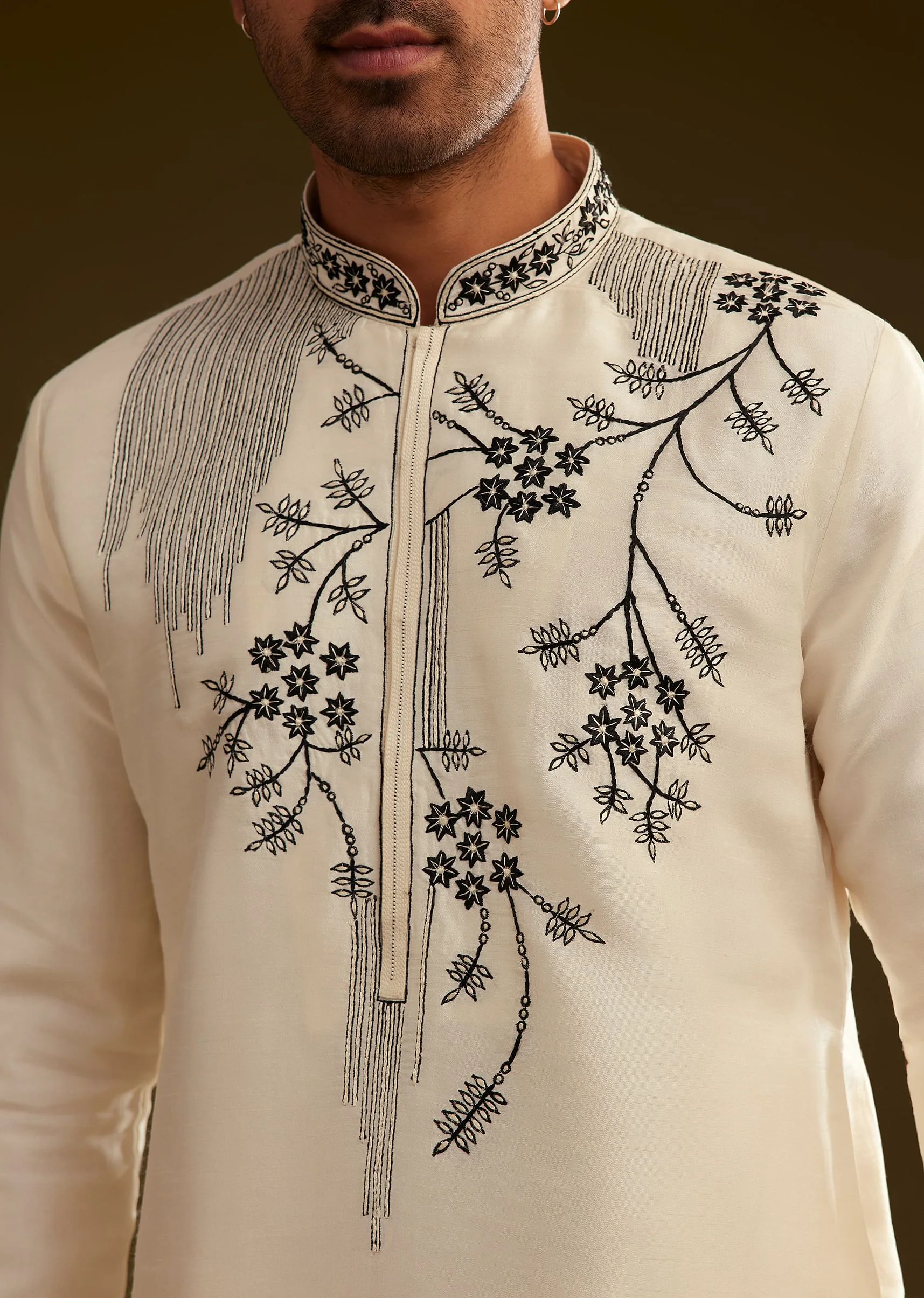 Cream Silk Kurta Set With Monochromatic Floral Embroidery