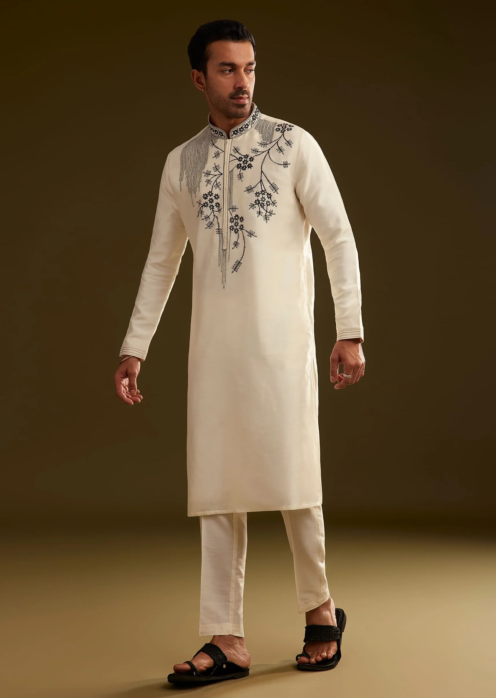 Cream Silk Kurta Set With Monochromatic Floral Embroidery - Image 4
