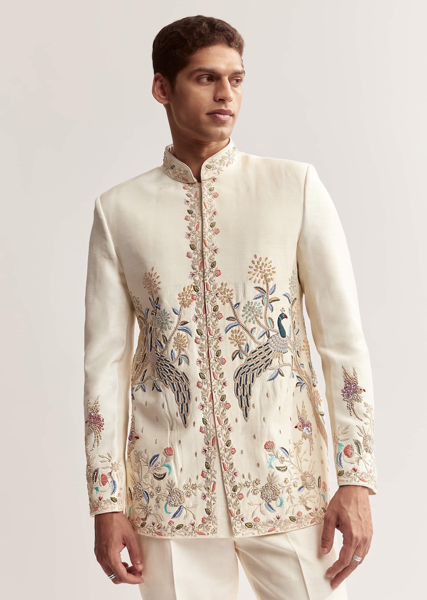 Cream Silk Jodhpuri Set For Men With Multicolour Peacock Embroidery - Image 4