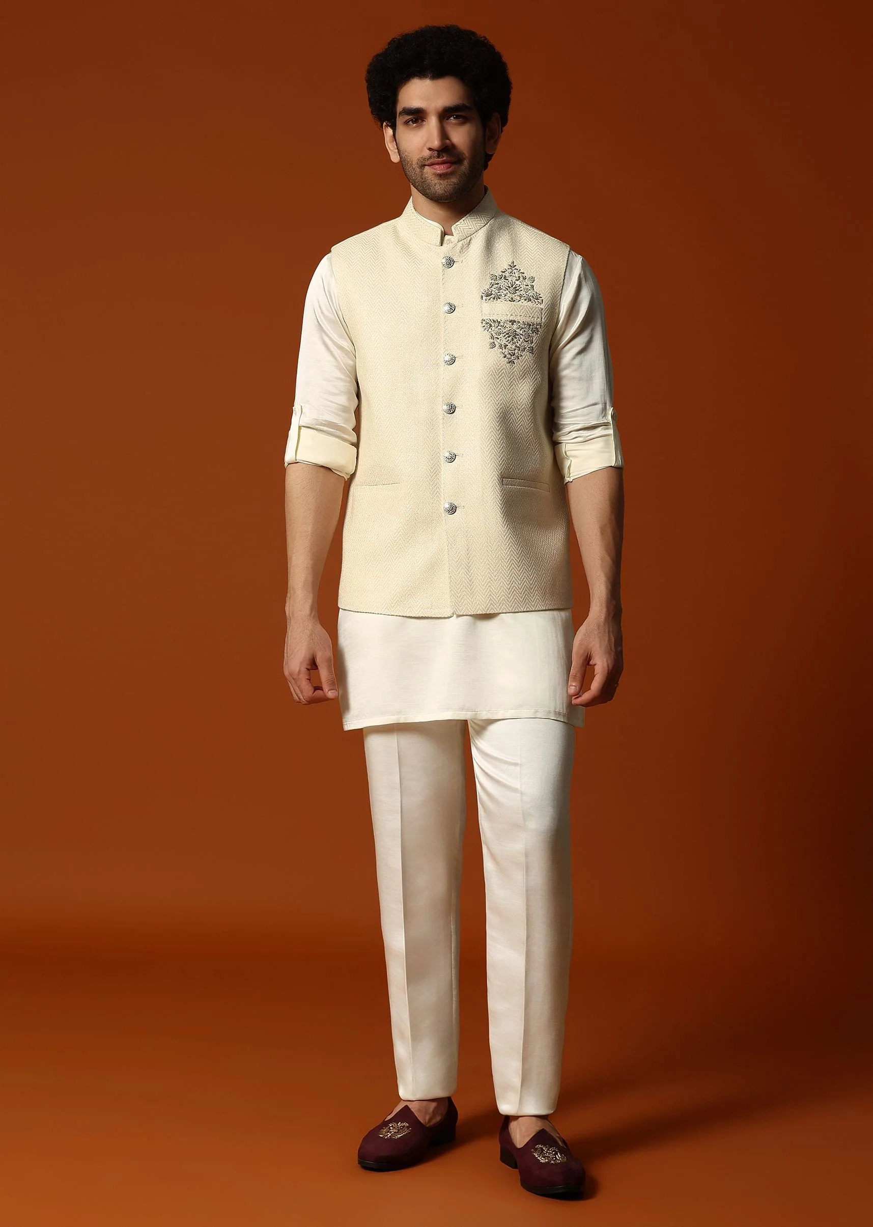Cream Silk Kurta Jacket Set For men - Image 5
