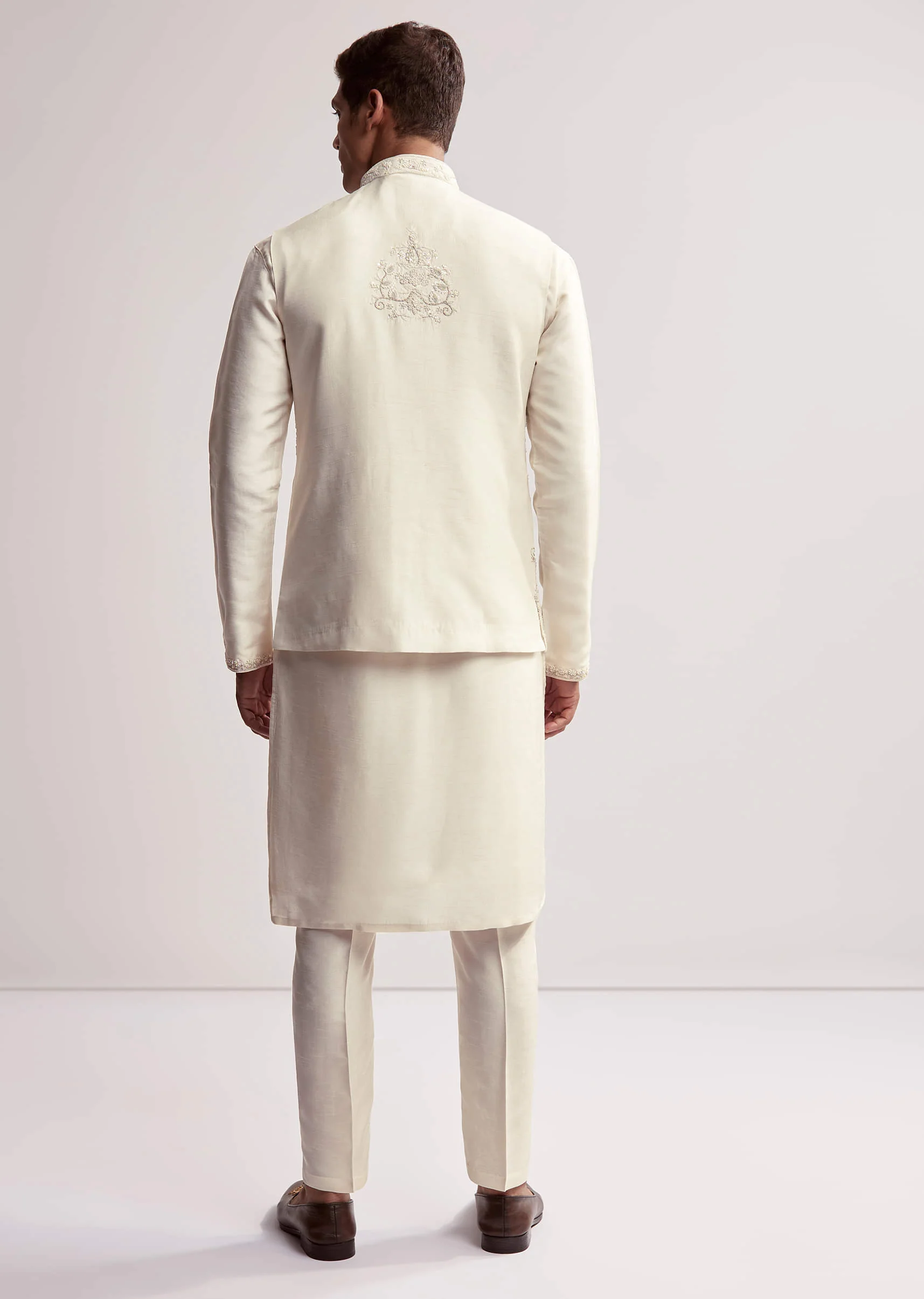 Cream Silk Kurta Jacket Set For Men With Floral Hand Embroidery - Image 5