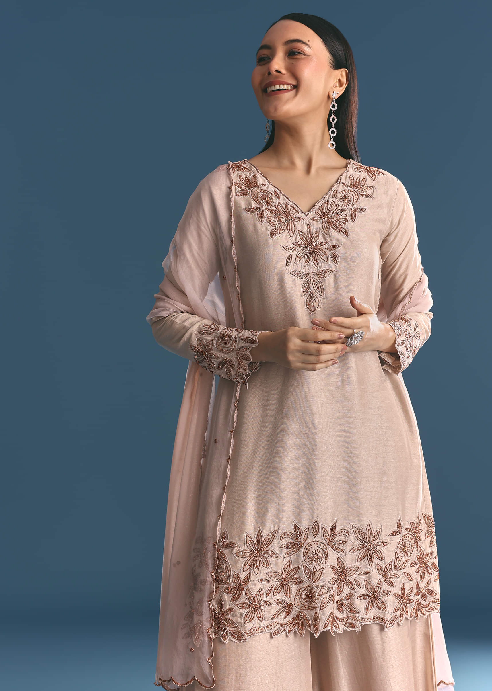 Cream Silk Kurta Palazzo Set With Cut Dana Work - Image 3