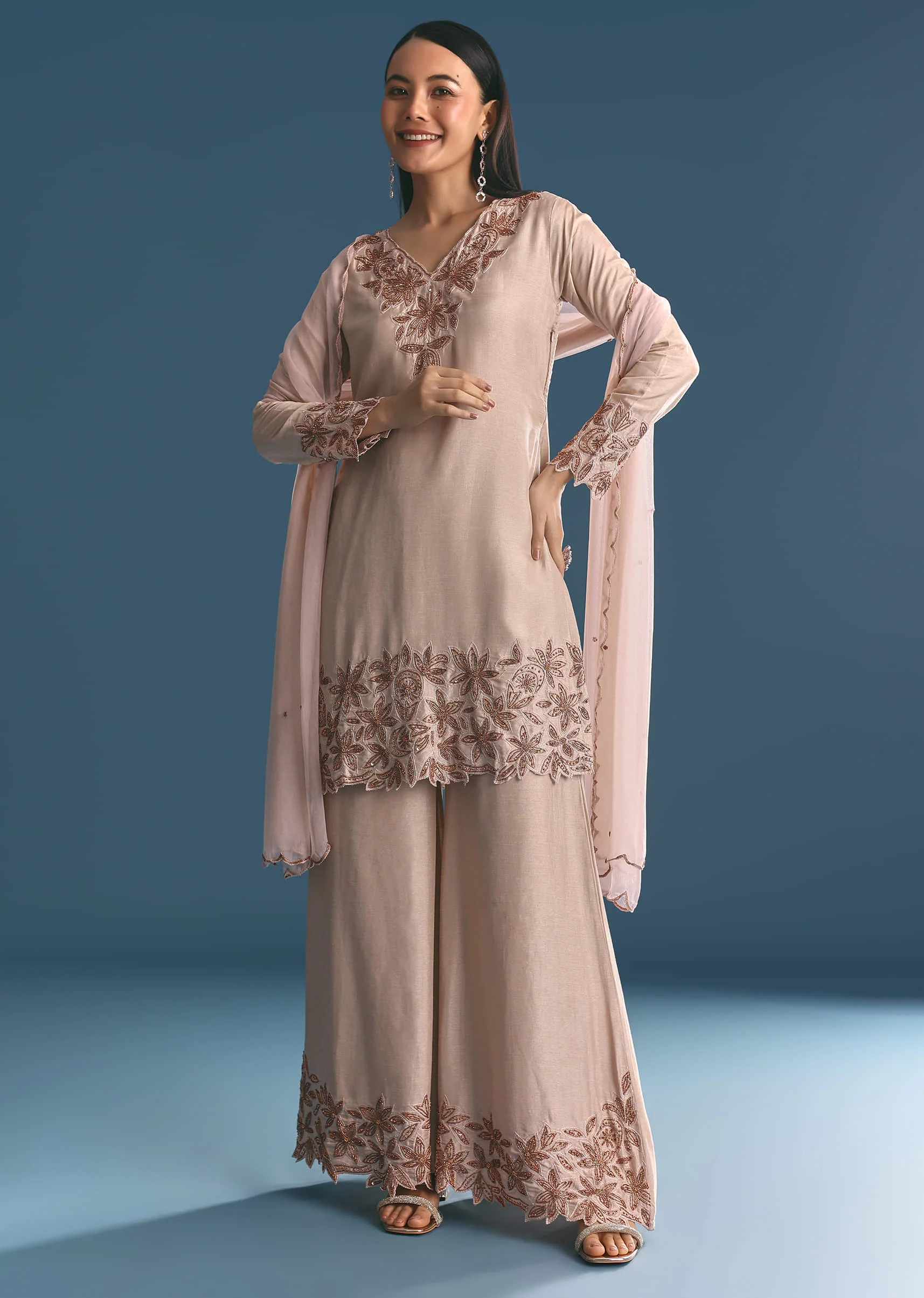 Cream Silk Kurta Palazzo Set With Cut Dana Work - Image 4
