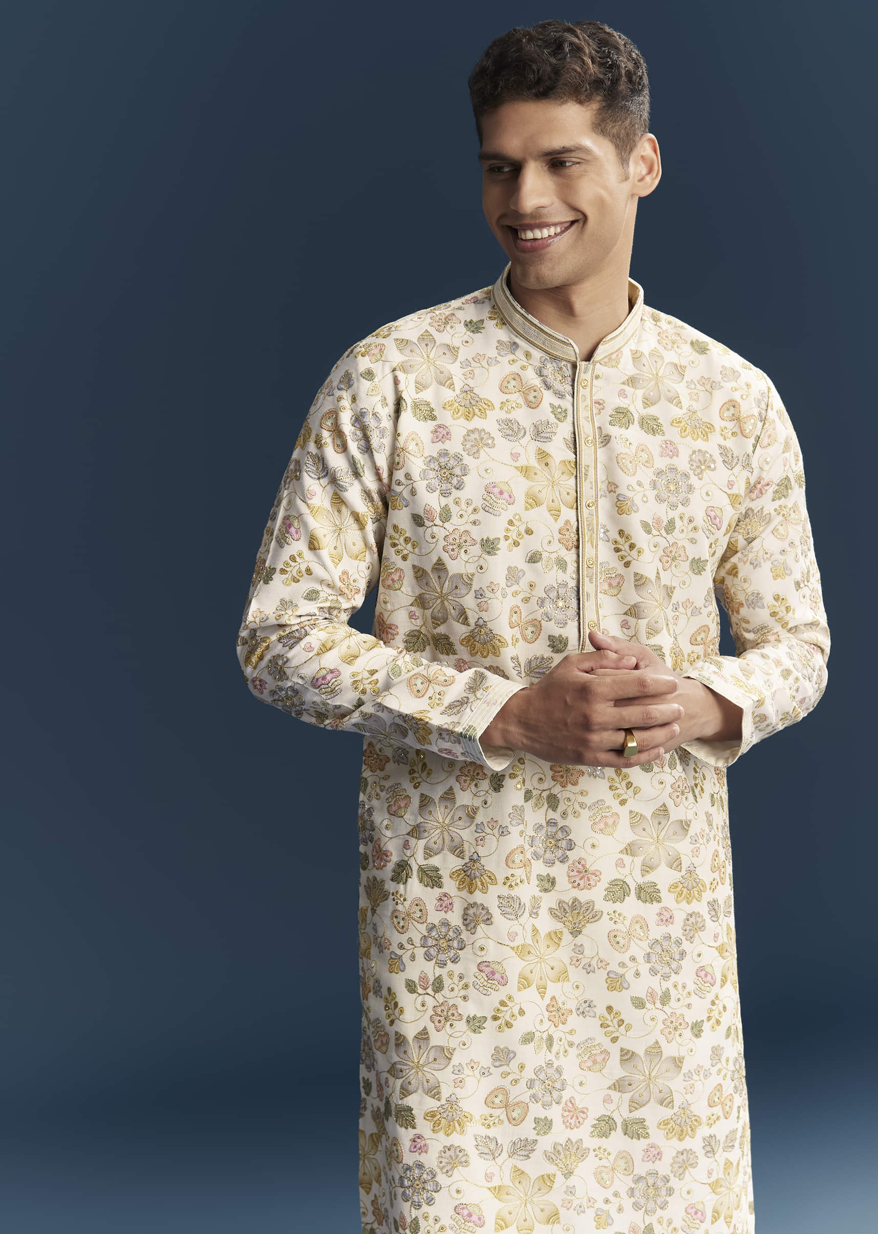Cream Silk Kurta Set For Men With Resham Embroidery - Image 4