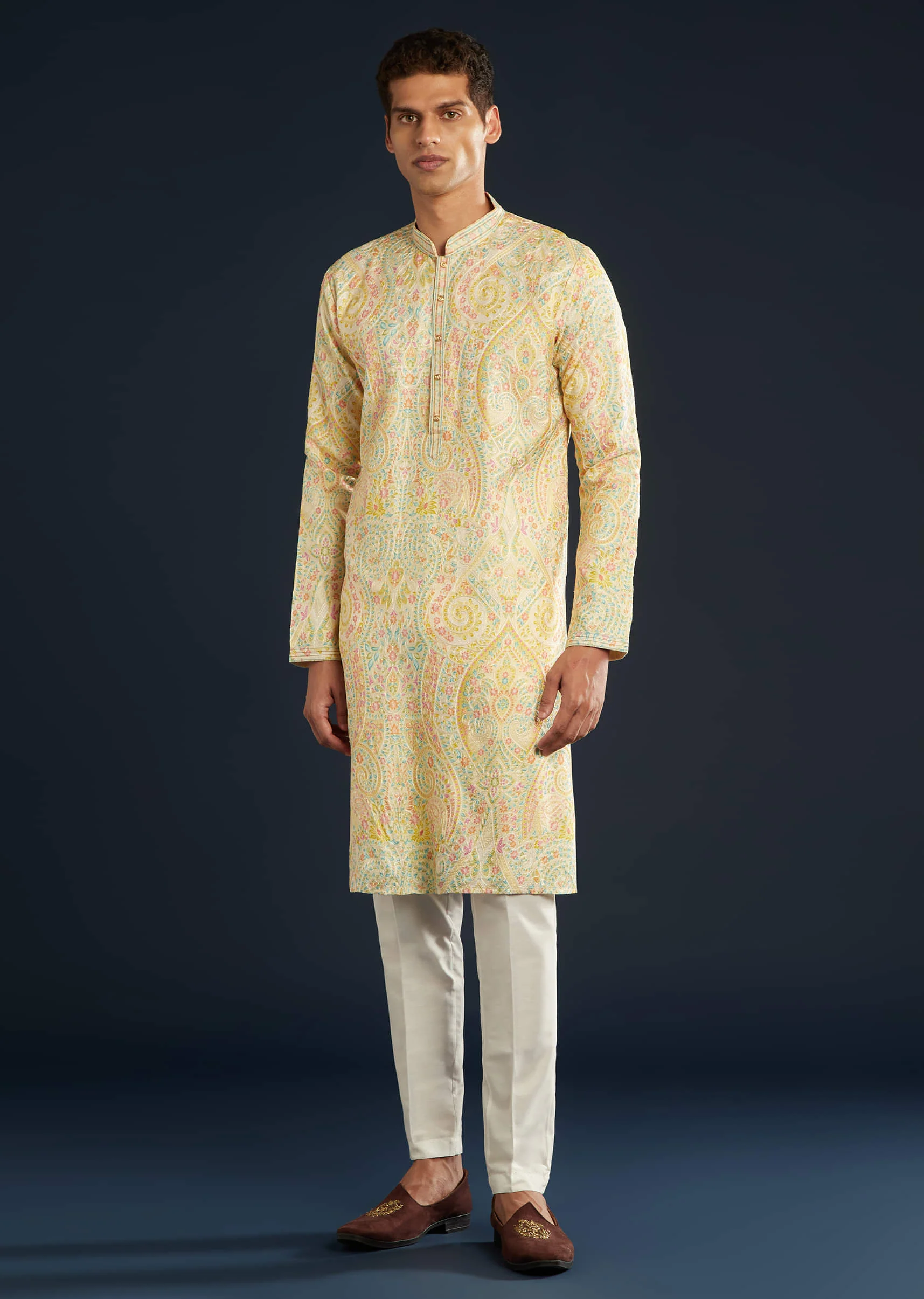 Cream Silk Mens Kurta Set with Thread Embroidery - Image 2
