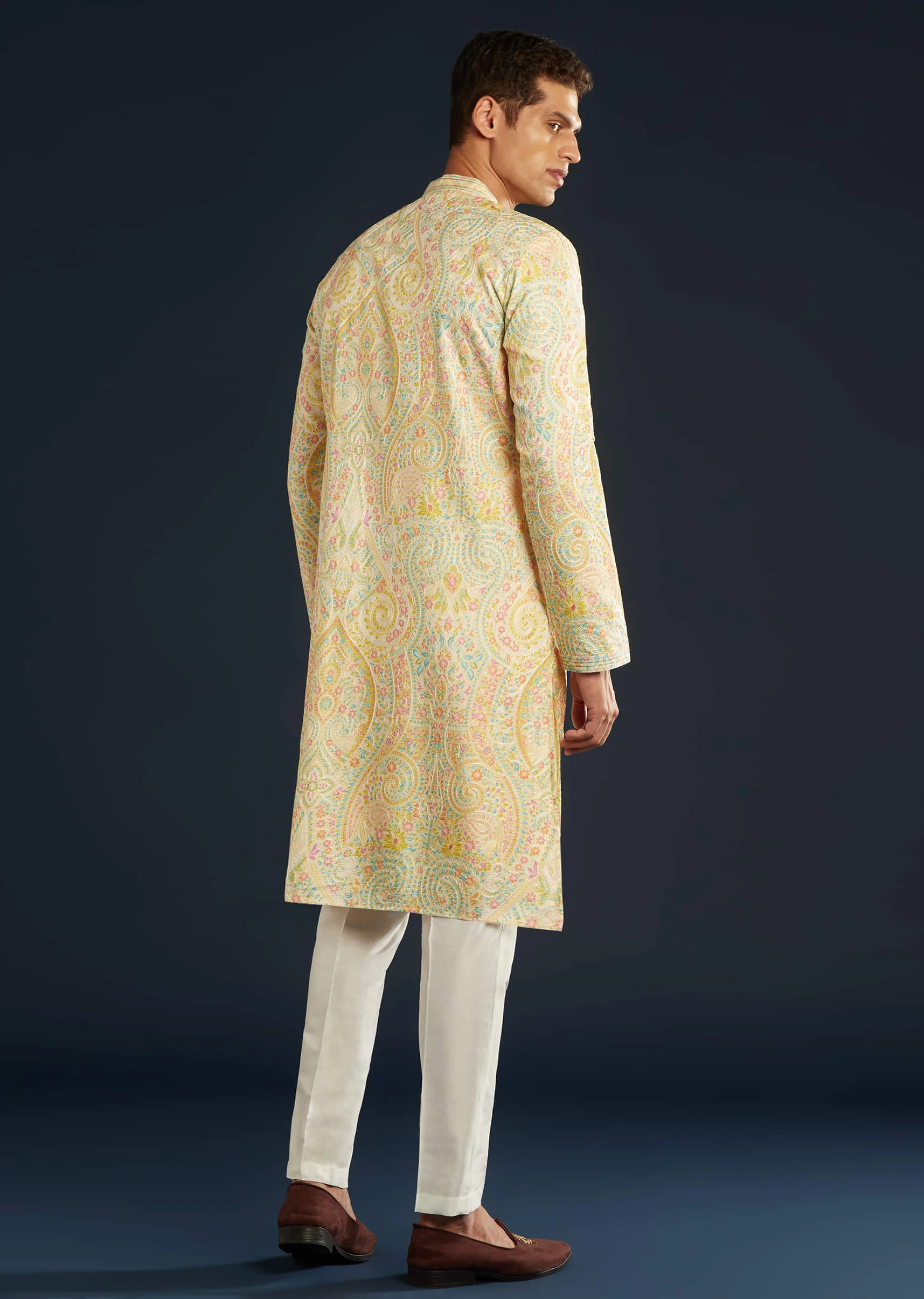 Cream Silk Mens Kurta Set with Thread Embroidery - Image 3