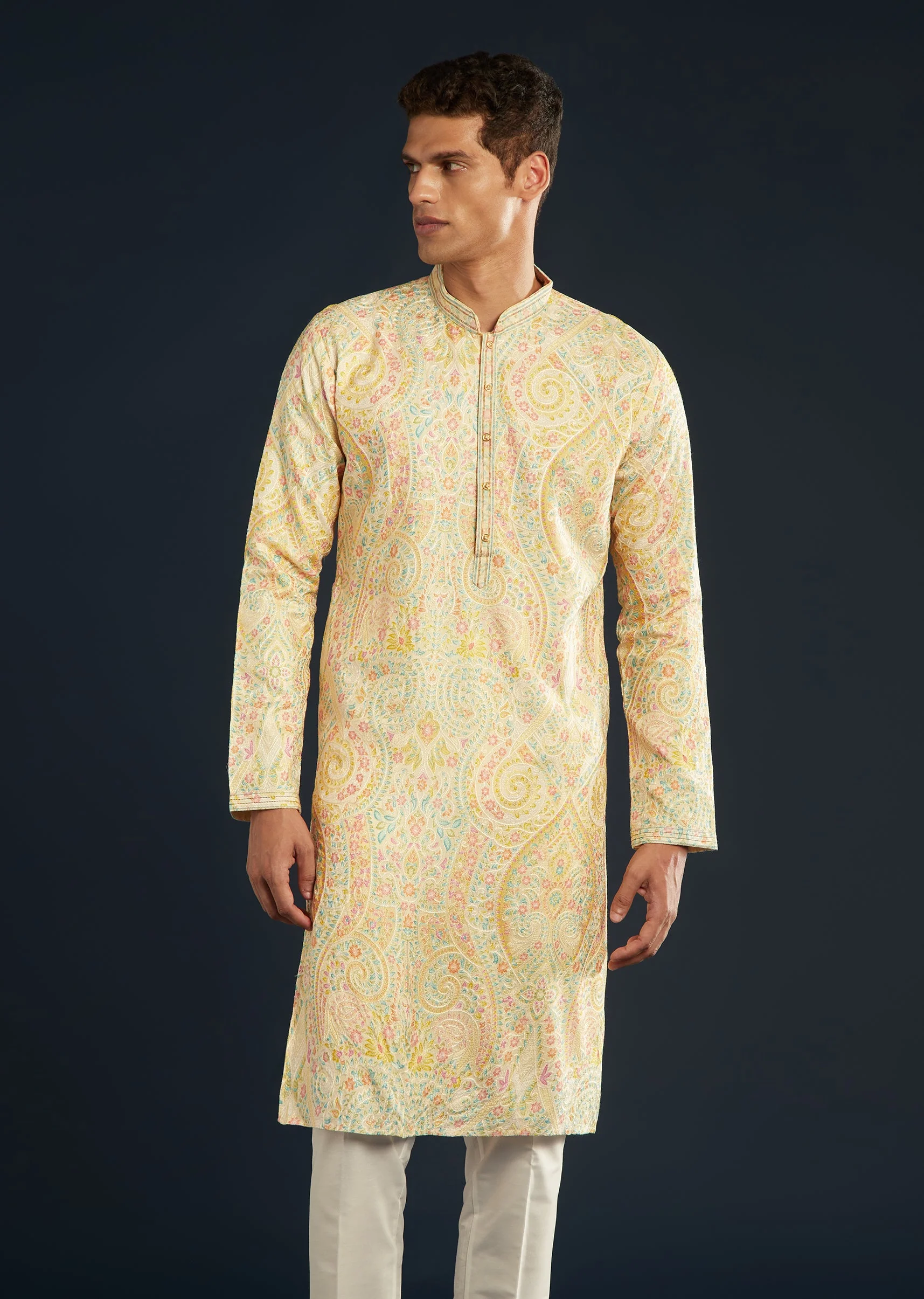 Cream Silk Mens Kurta Set with Thread Embroidery - Image 4