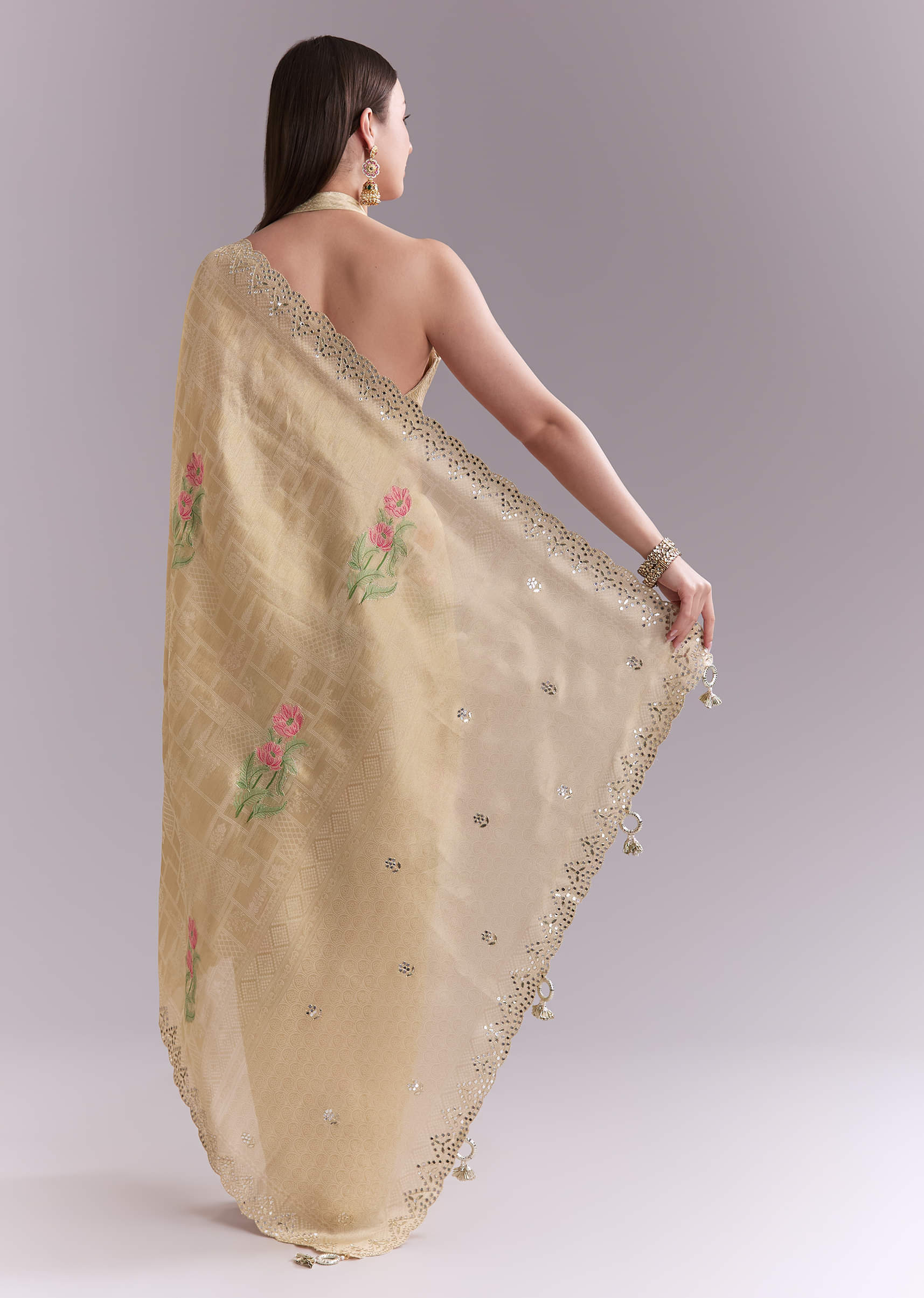 Cream Silk Saree With Floral Motifs And Gota Work - Image 4