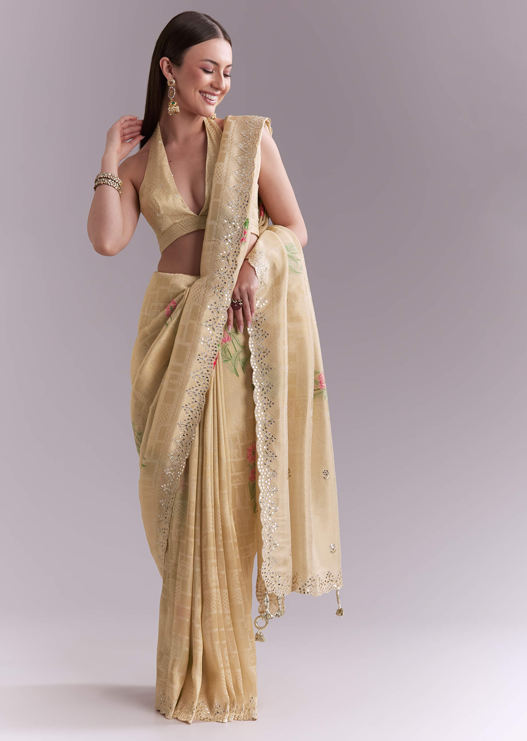 Cream Silk Saree With Floral Motifs And Gota Work - Image 5