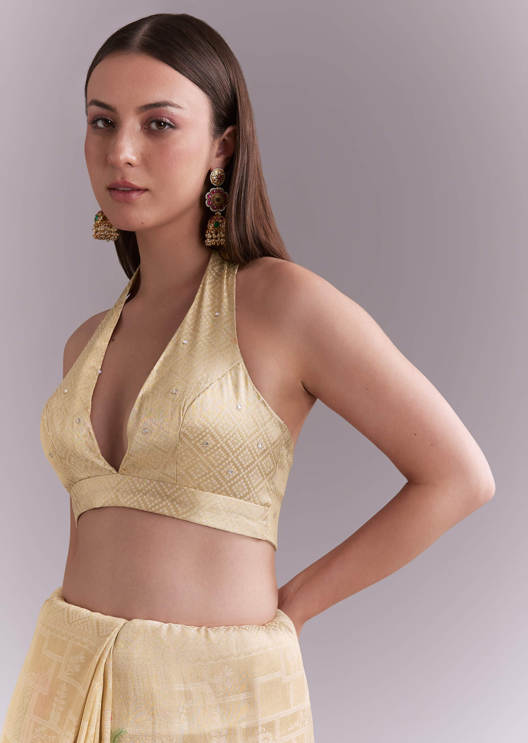 Cream Silk Saree With Floral Motifs And Gota Work - Image 7