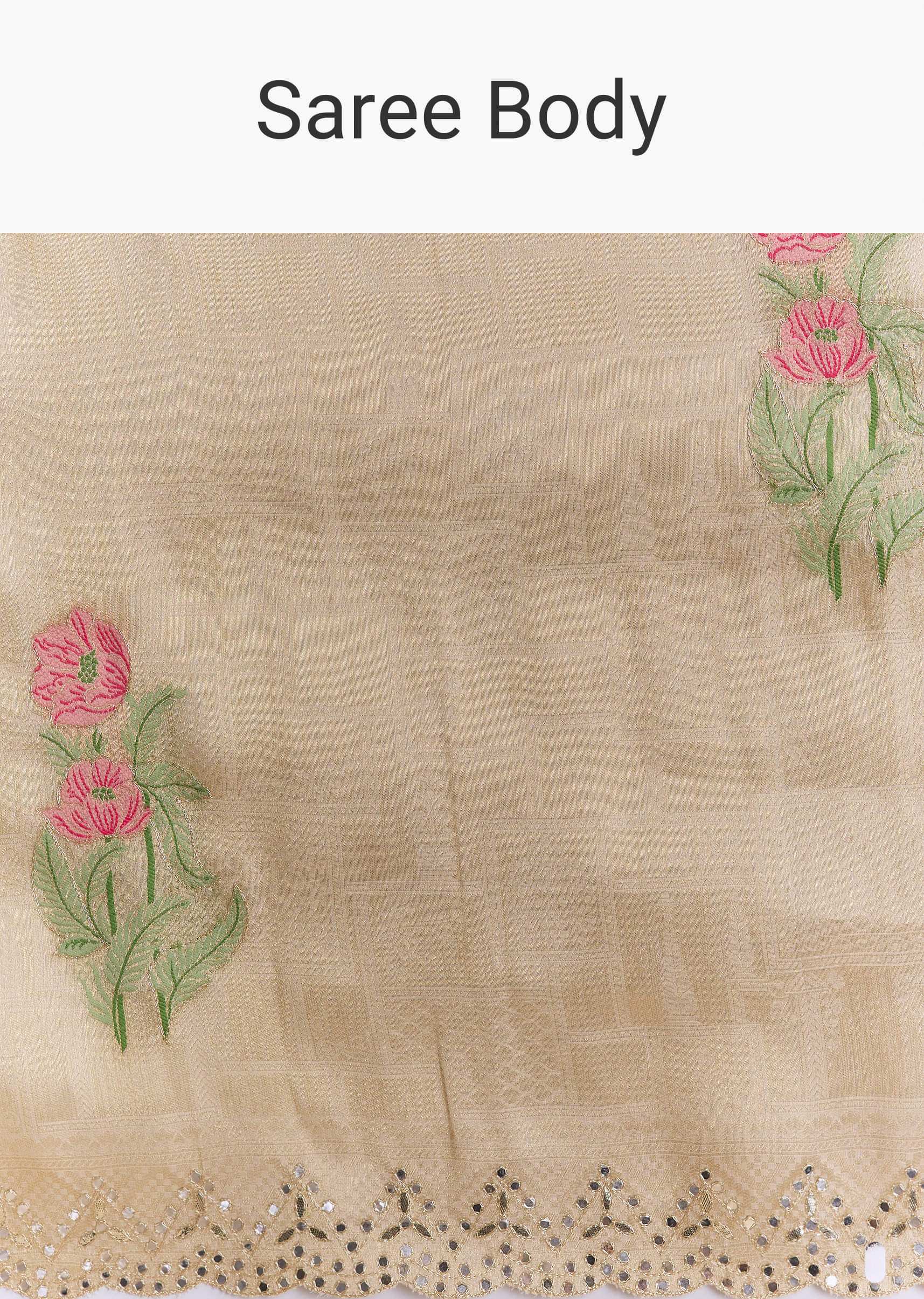 Cream Silk Saree With Floral Motifs And Gota Work - Image 9