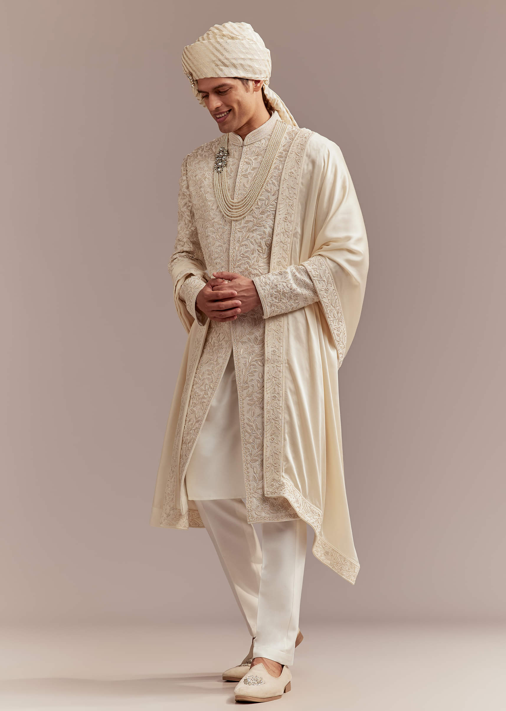 Cream Silk Sherwani For Groom With Floral And Vine Embroidery - Image 3