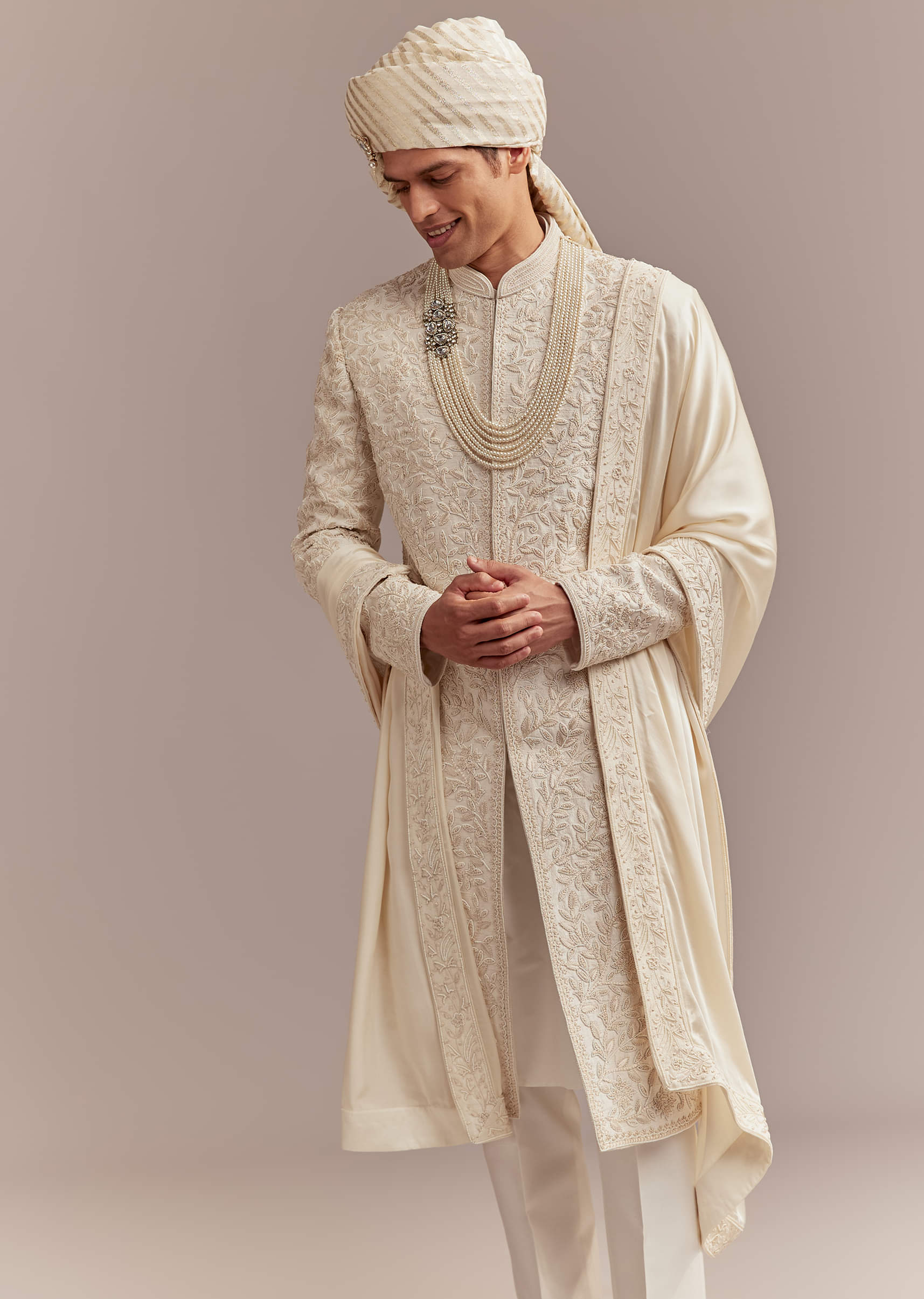 Cream Silk Sherwani For Groom With Floral And Vine Embroidery - Image 4