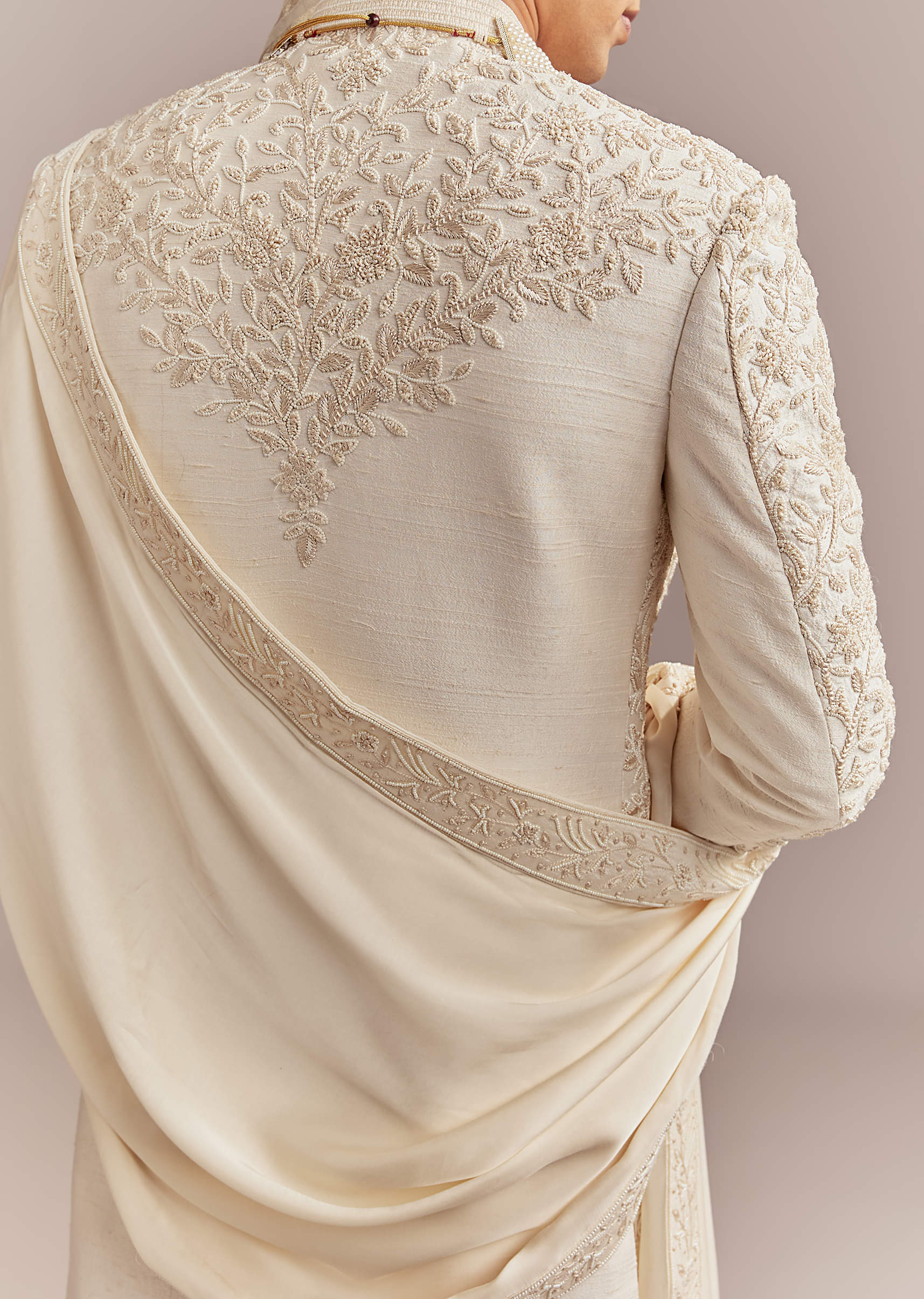 Cream Silk Sherwani For Groom With Floral And Vine Embroidery - Image 6