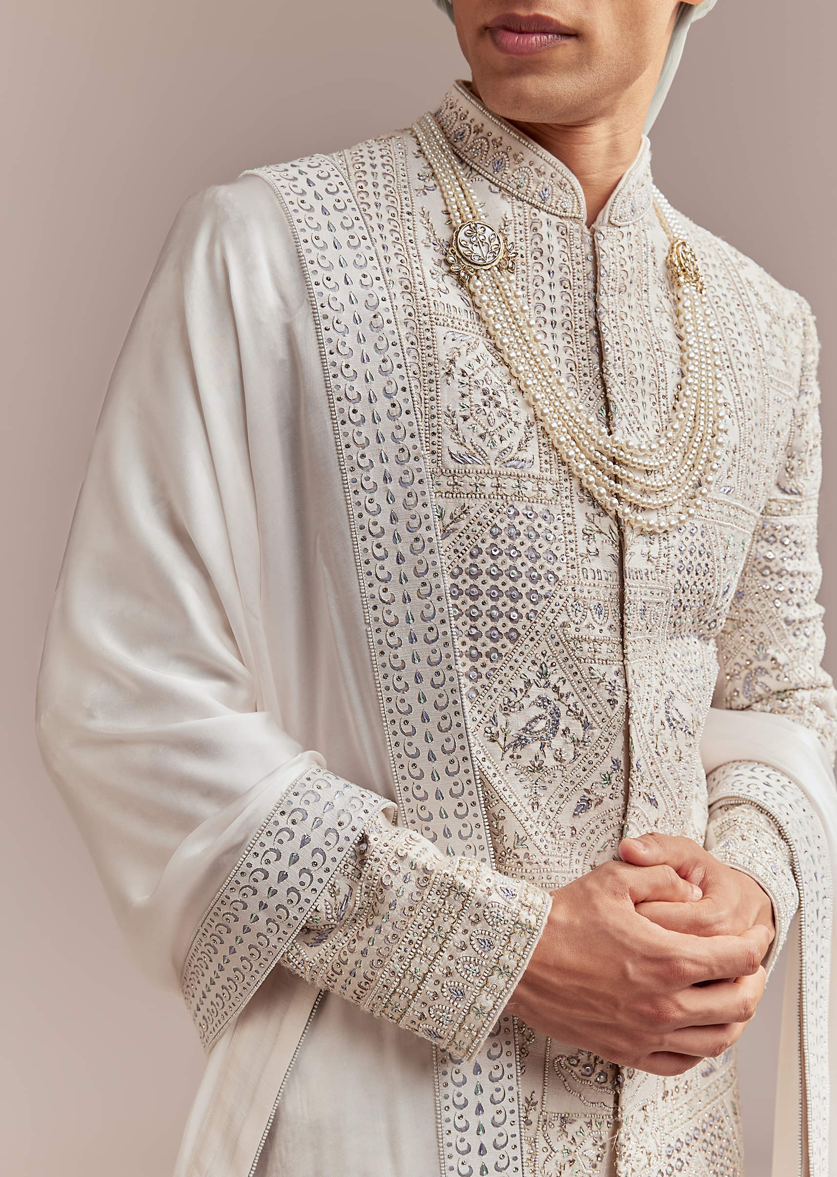 Cream Silk Sherwani For Groom With Handcrafted Embroidery - Image 2