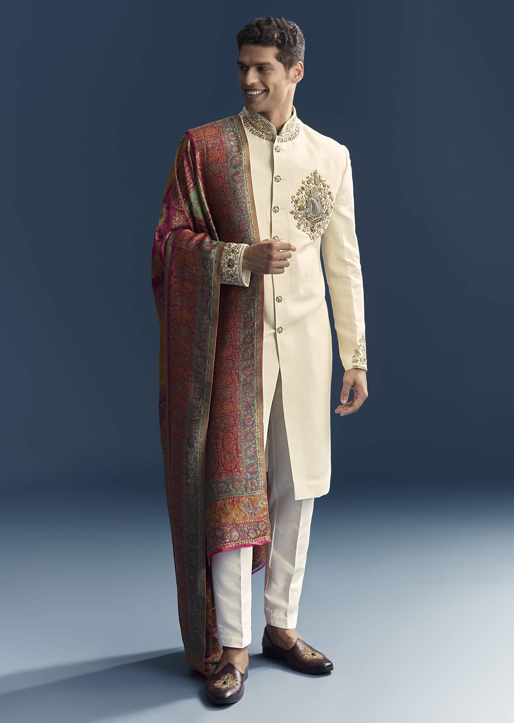 Cream Silk Sherwani For Groom With Intricate Hand Embroidery - Image 3