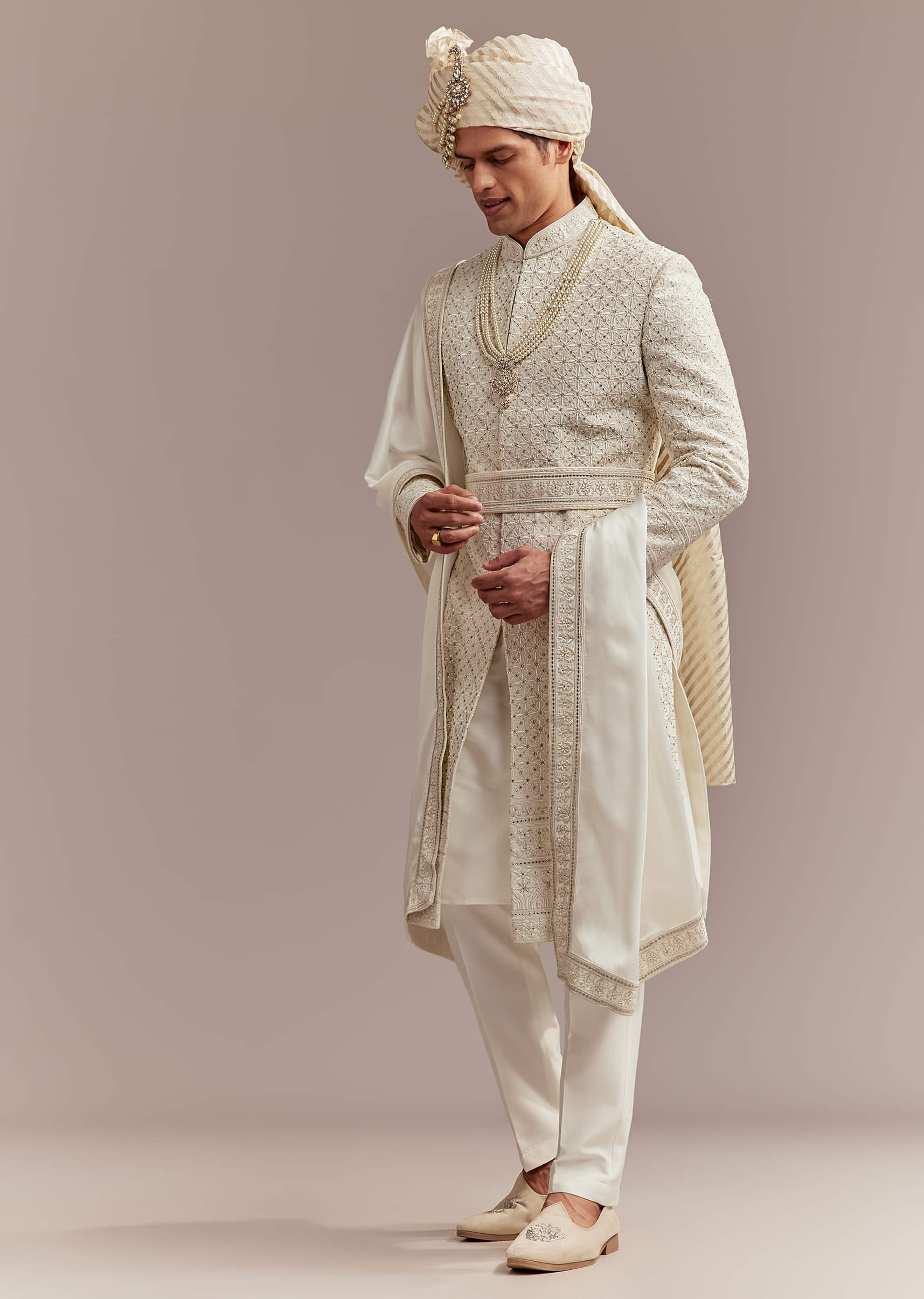 Cream Silk Sherwani For Groom With Mughal Inspired Motifs - Image 3