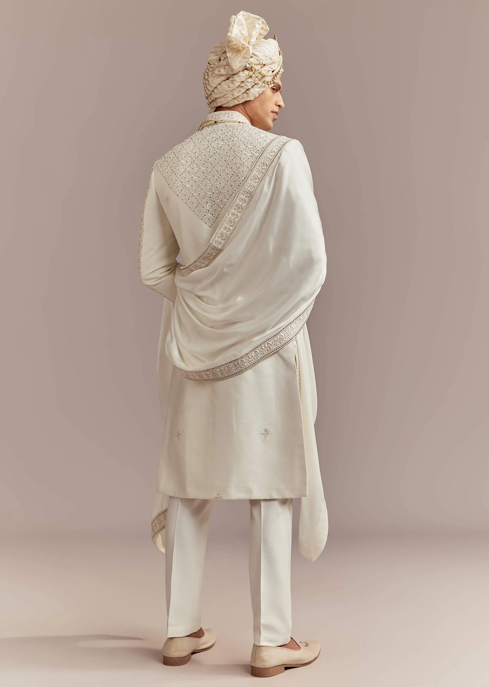 Cream Silk Sherwani For Groom With Mughal Inspired Motifs - Image 5