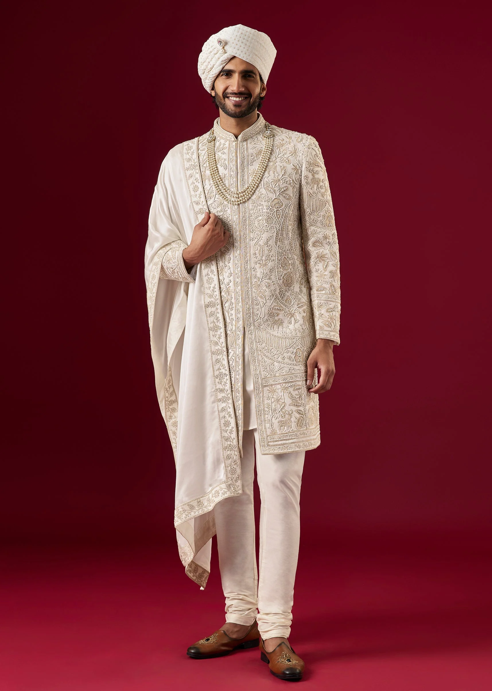 Cream Silk Sherwani Set With Zari And Sequin Work