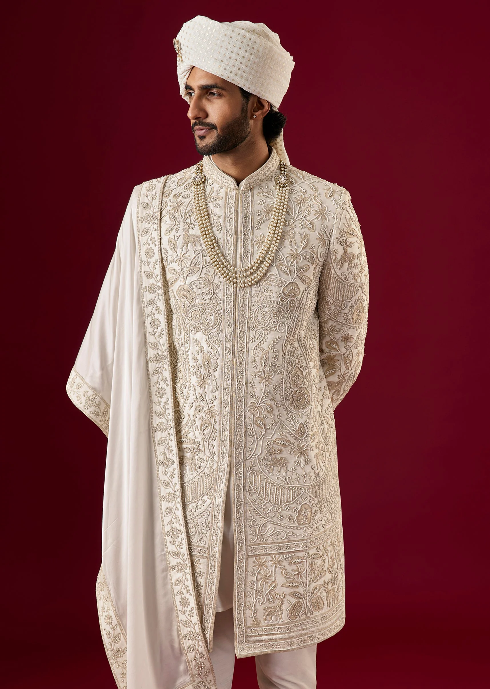 Cream Silk Sherwani Set With Zari And Sequin Work - Image 2