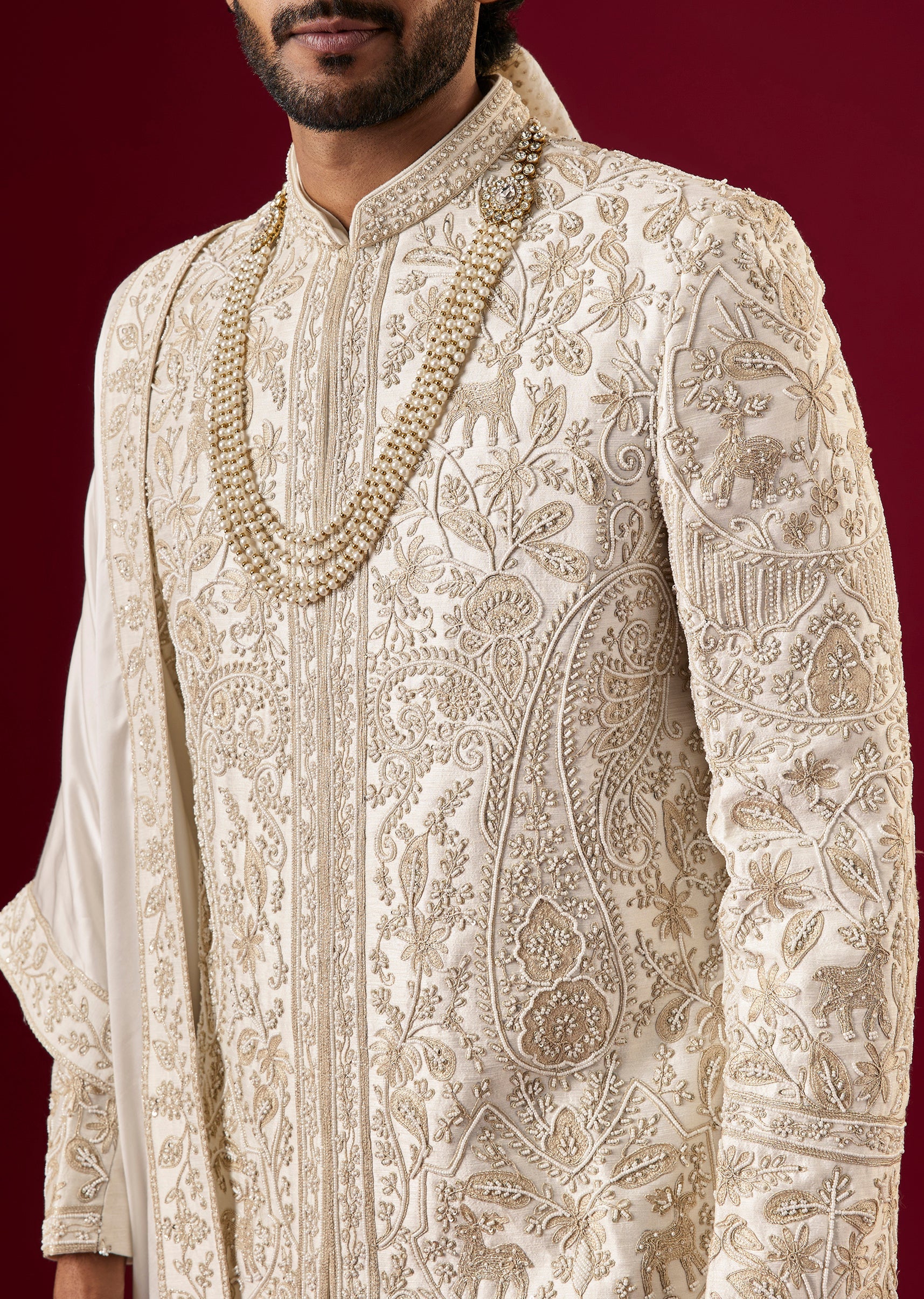 Cream Silk Sherwani Set With Zari And Sequin Work - Image 5