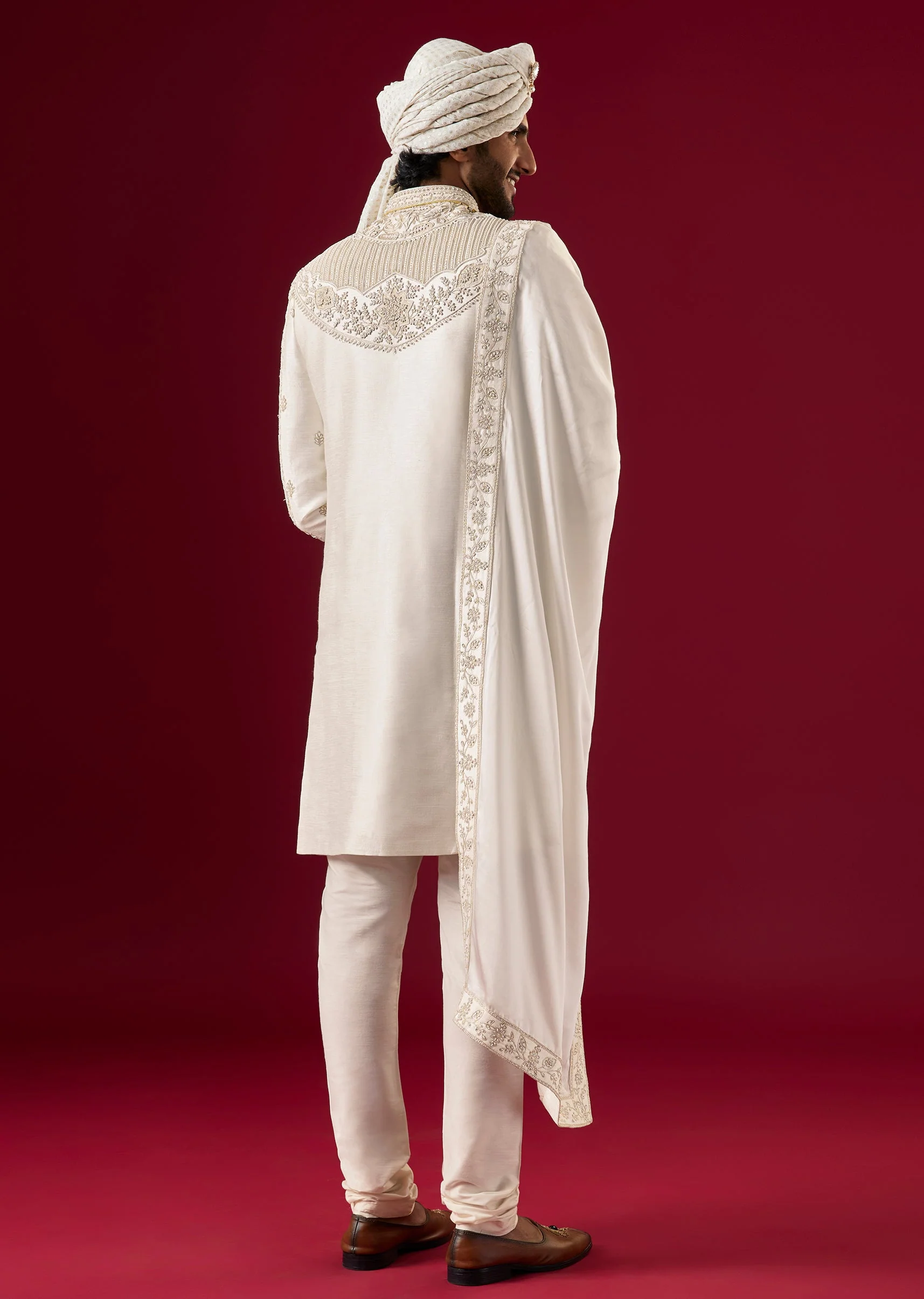 Cream Silk Sherwani Set With Zari And Sequin Work - Image 6
