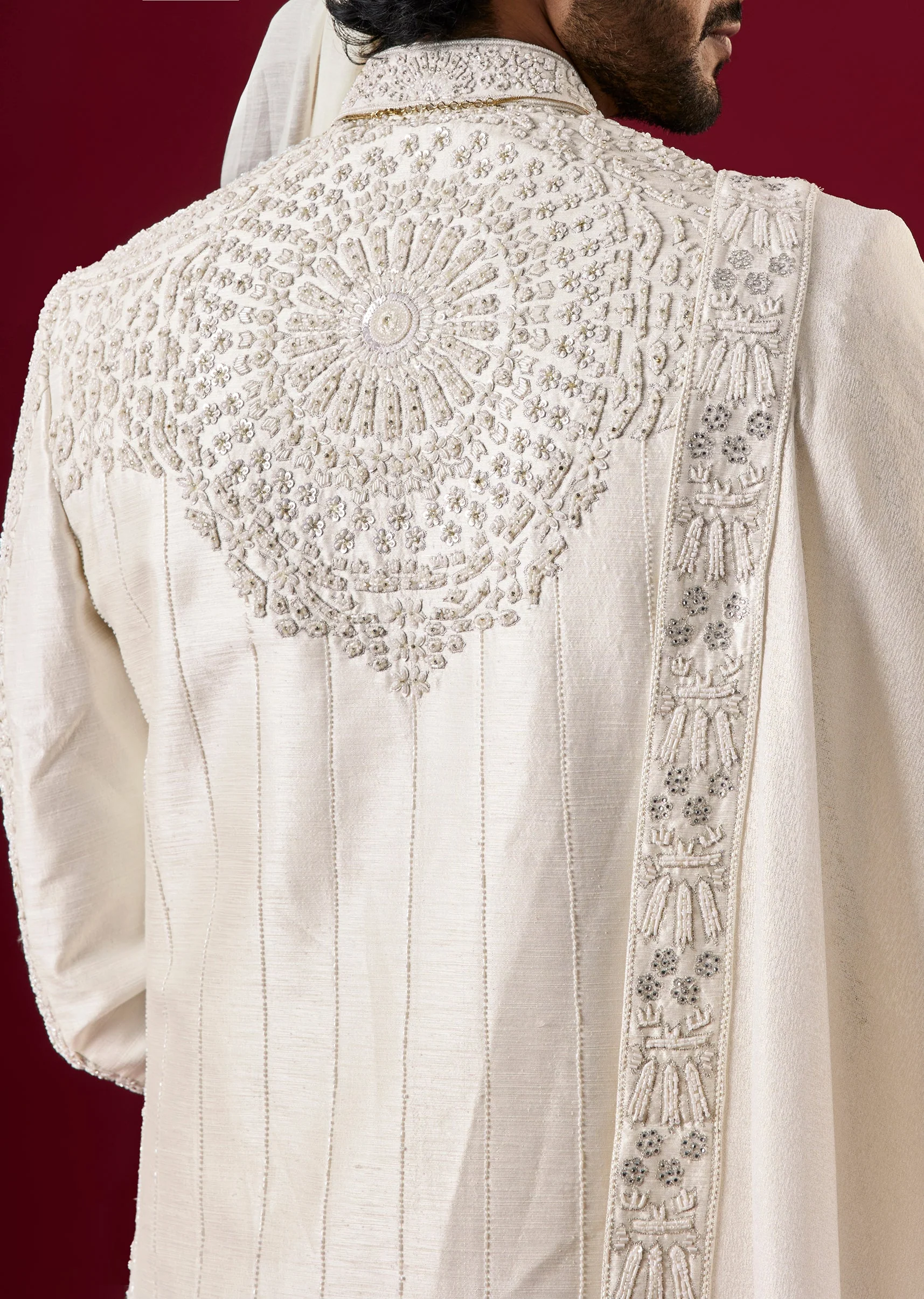 Cream Silk Sherwani Set With Zari Sequin Work - Image 4