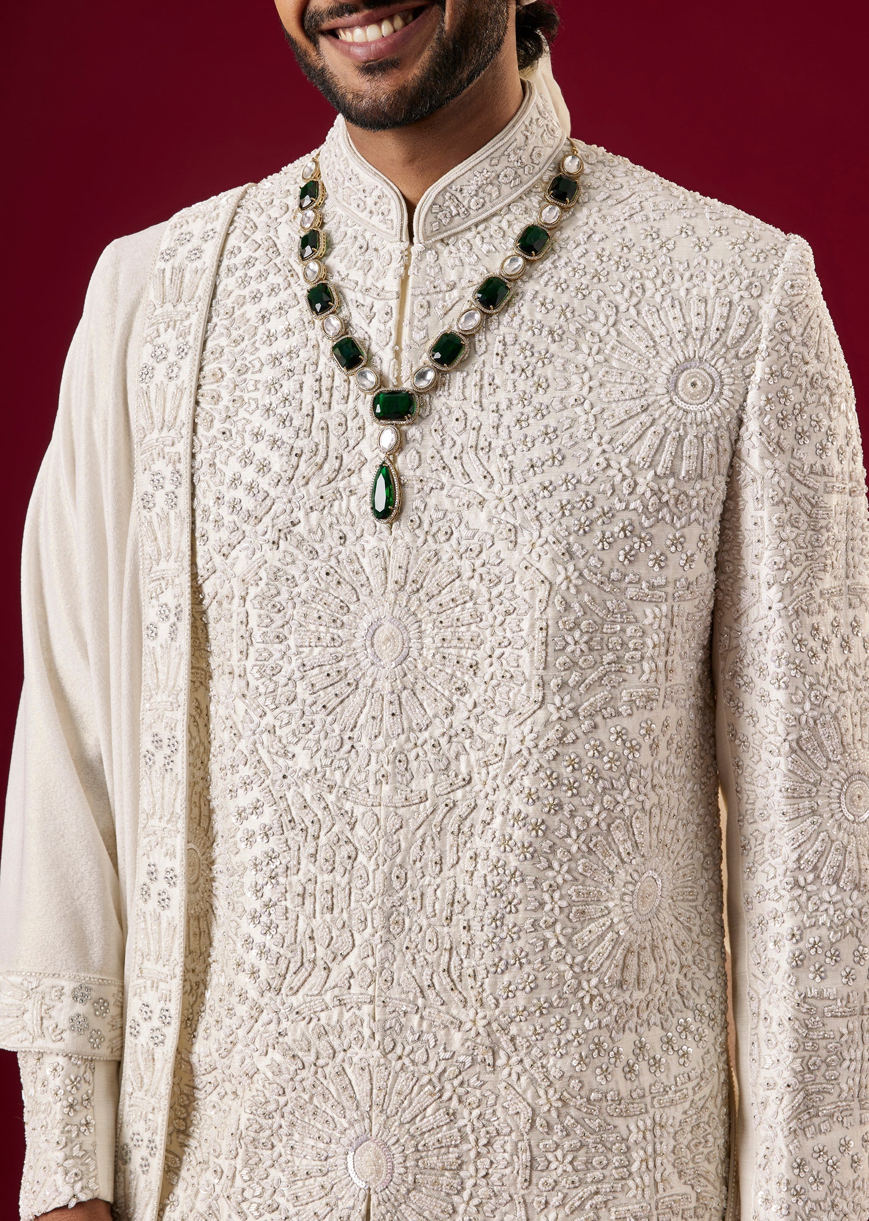 Cream Silk Sherwani Set With Zari Sequin Work - Image 5