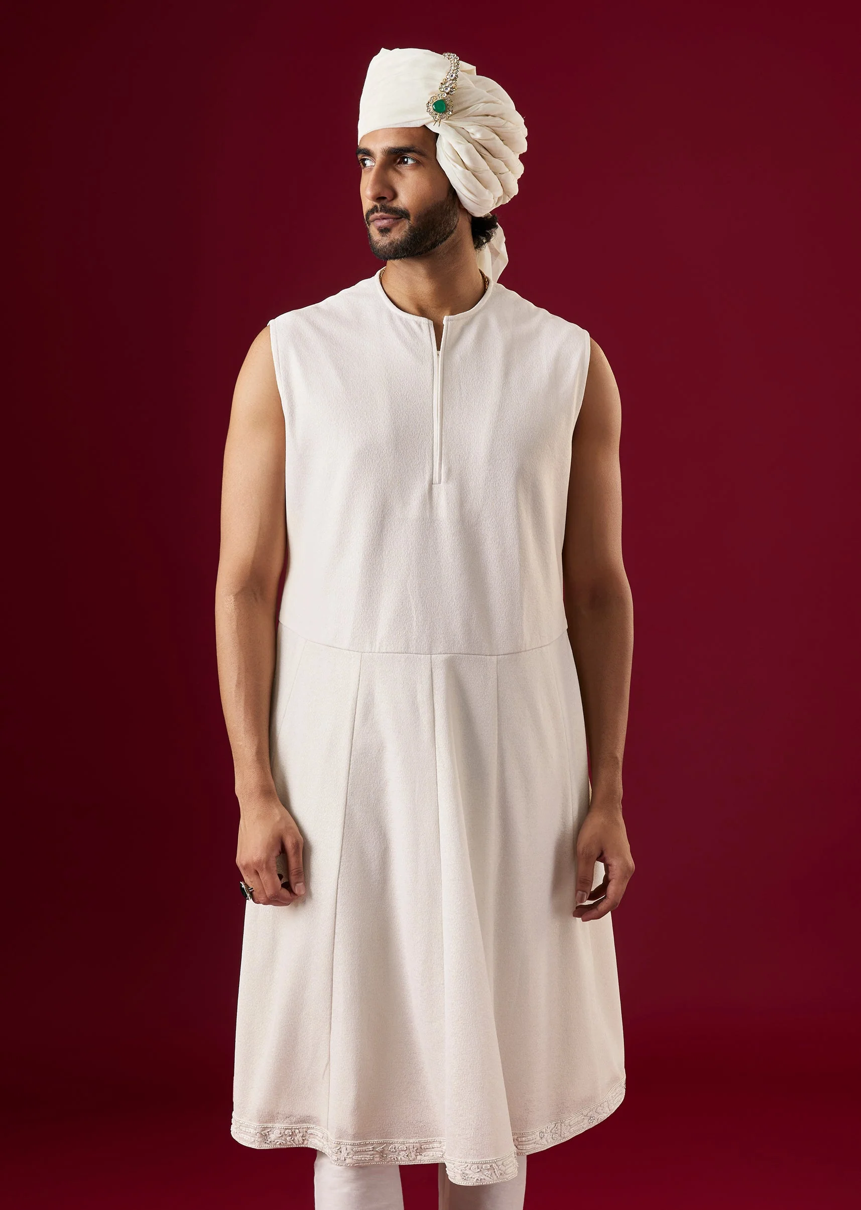 Cream Silk Sherwani Set With Zari Sequin Work - Image 7