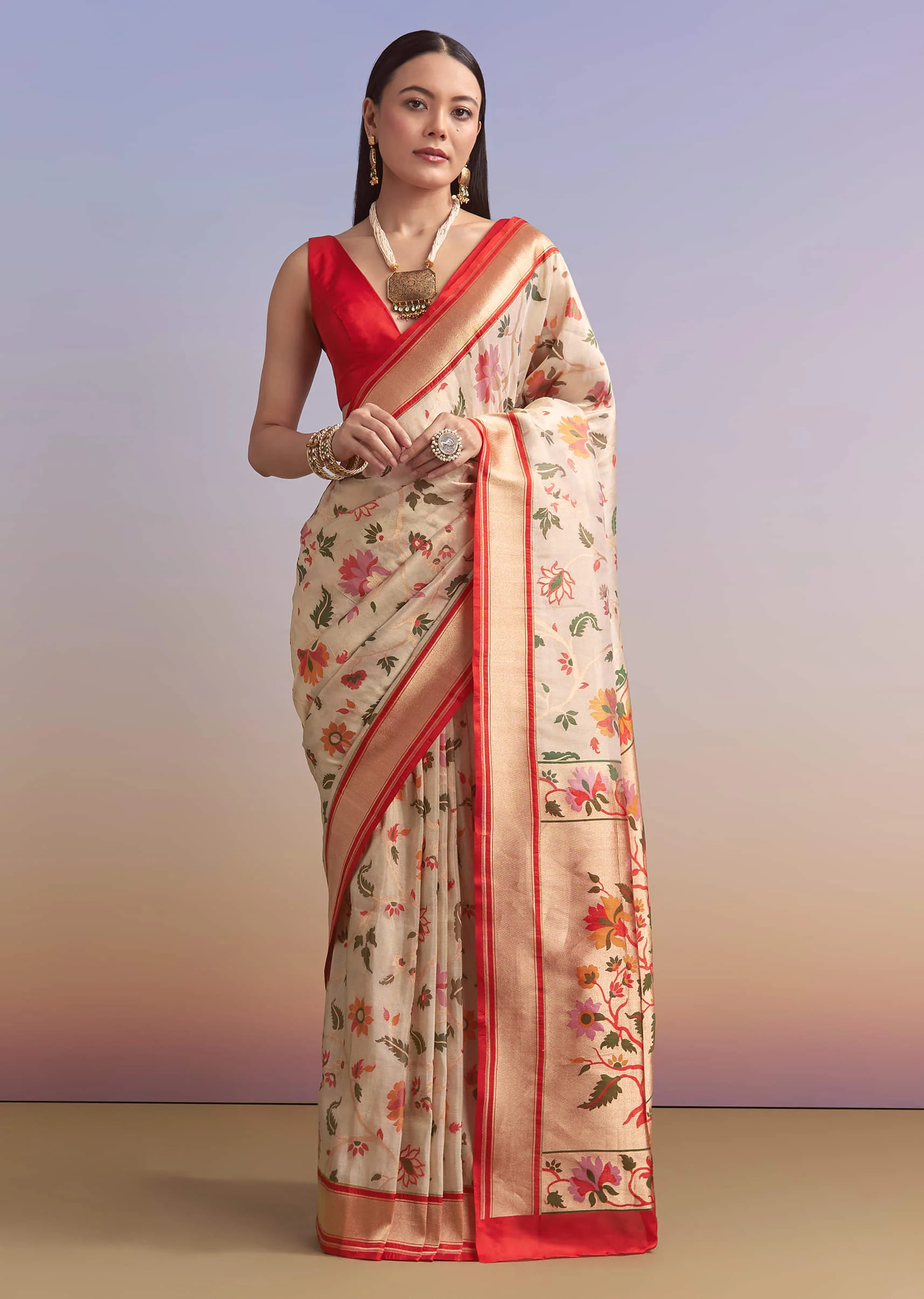 Cream Silk Woven Saree With Multicolour Thread Embroidery