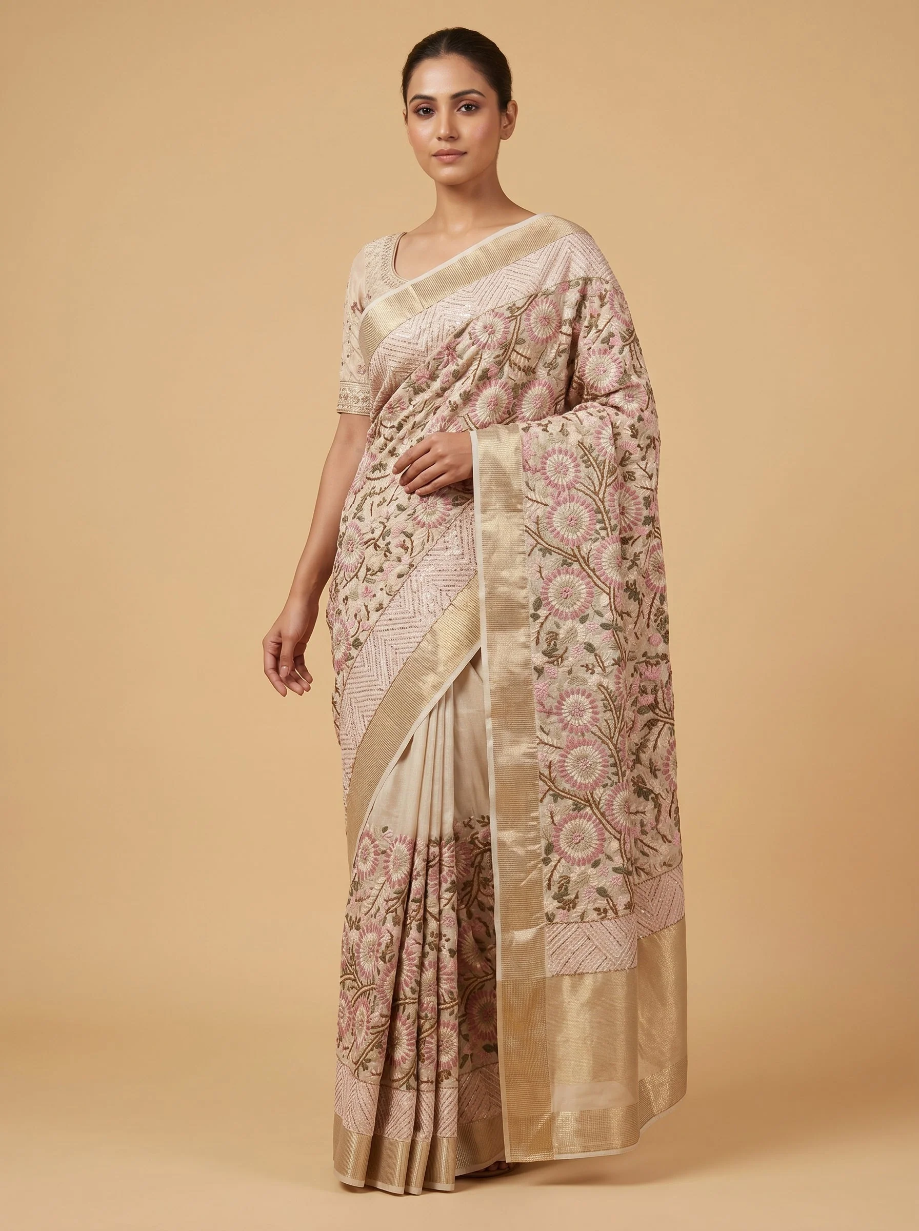 Cream Smooth Detailing Embroidered Saree