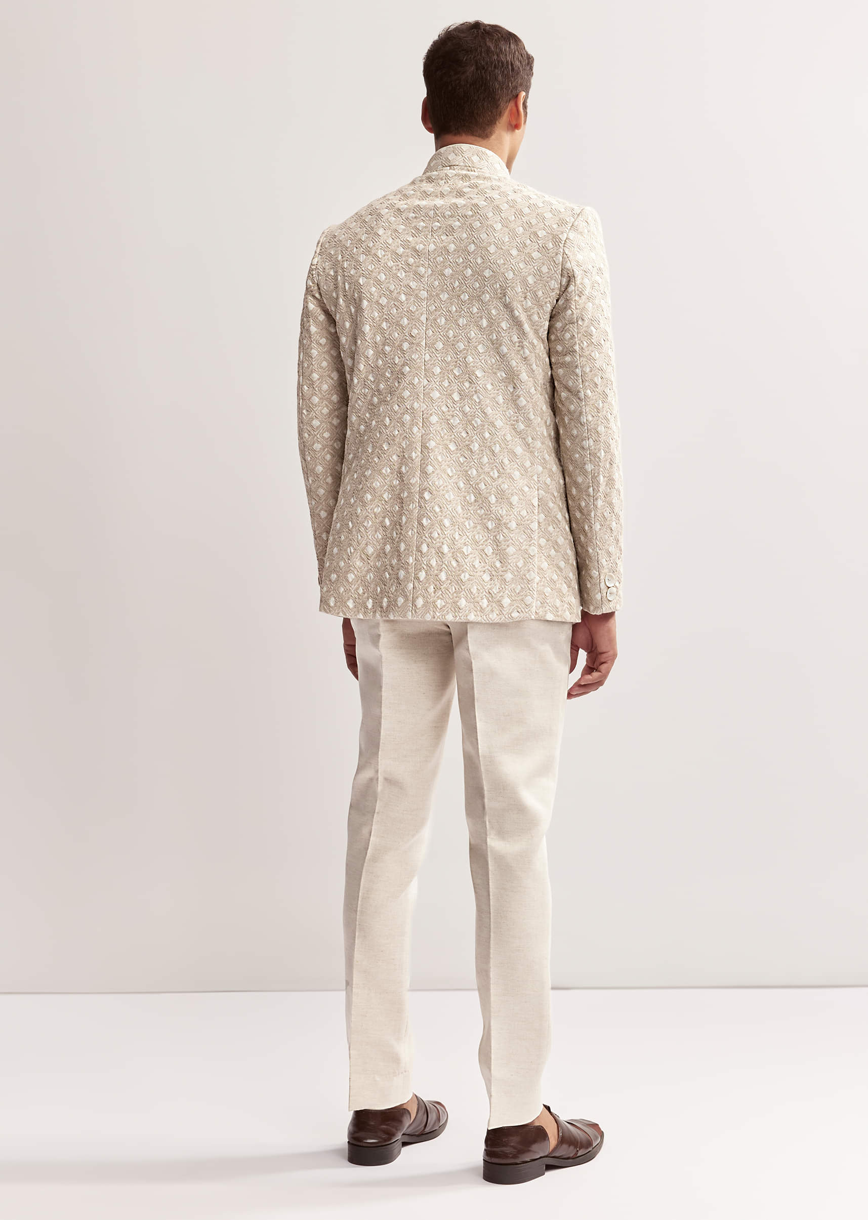 Cream Textured Linen Jodhpuri Set For Men - Image 5