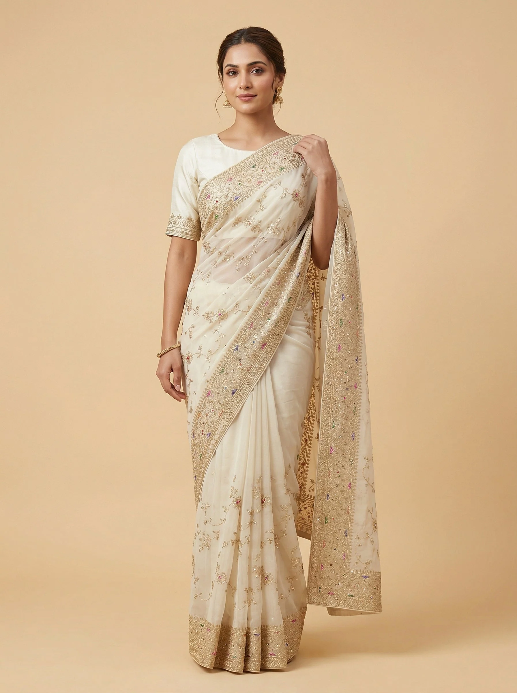 Cream Time-Honoured Embroidered Saree