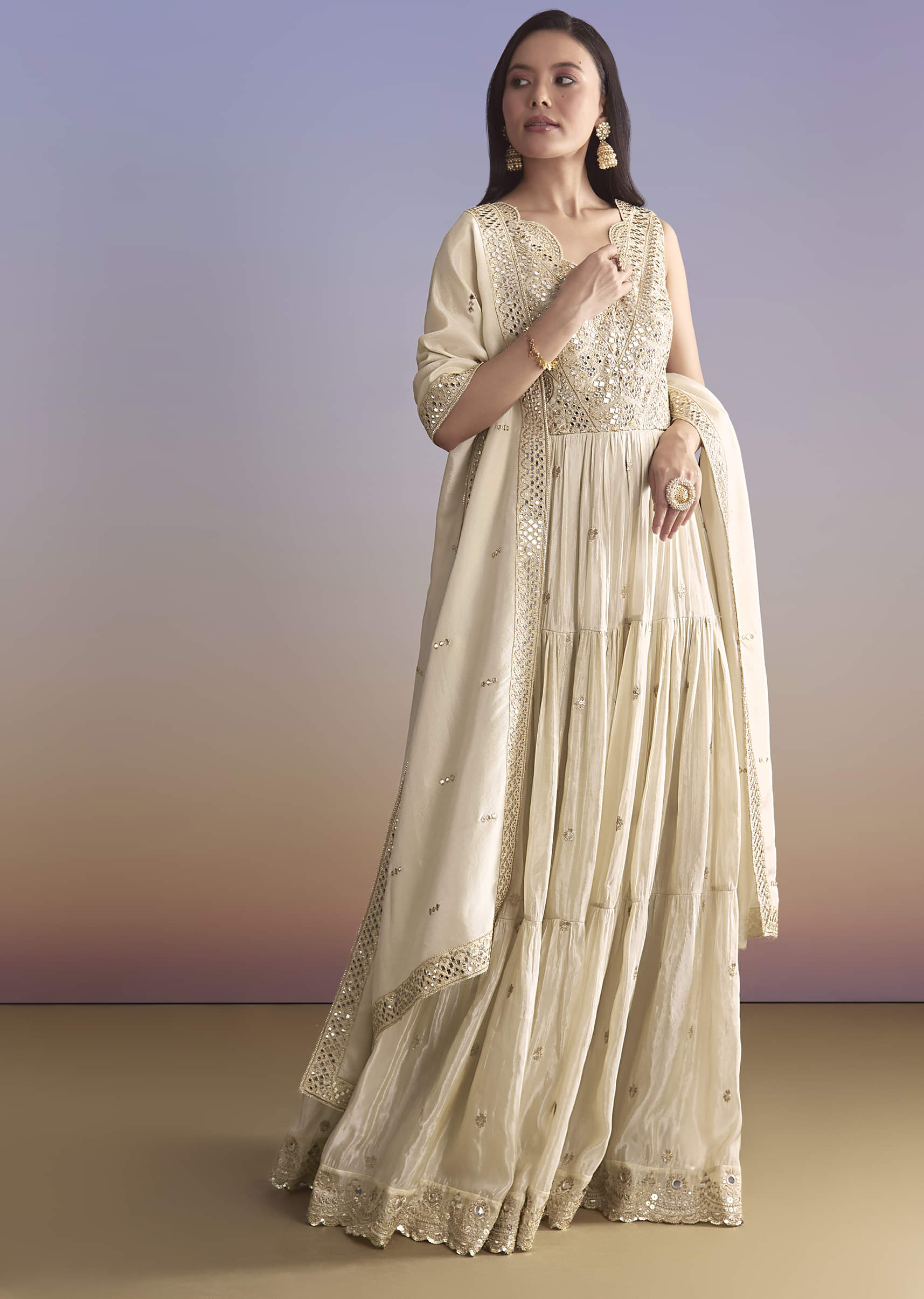 Cream Tissue Anarkali Suit With Zari Work - Image 4