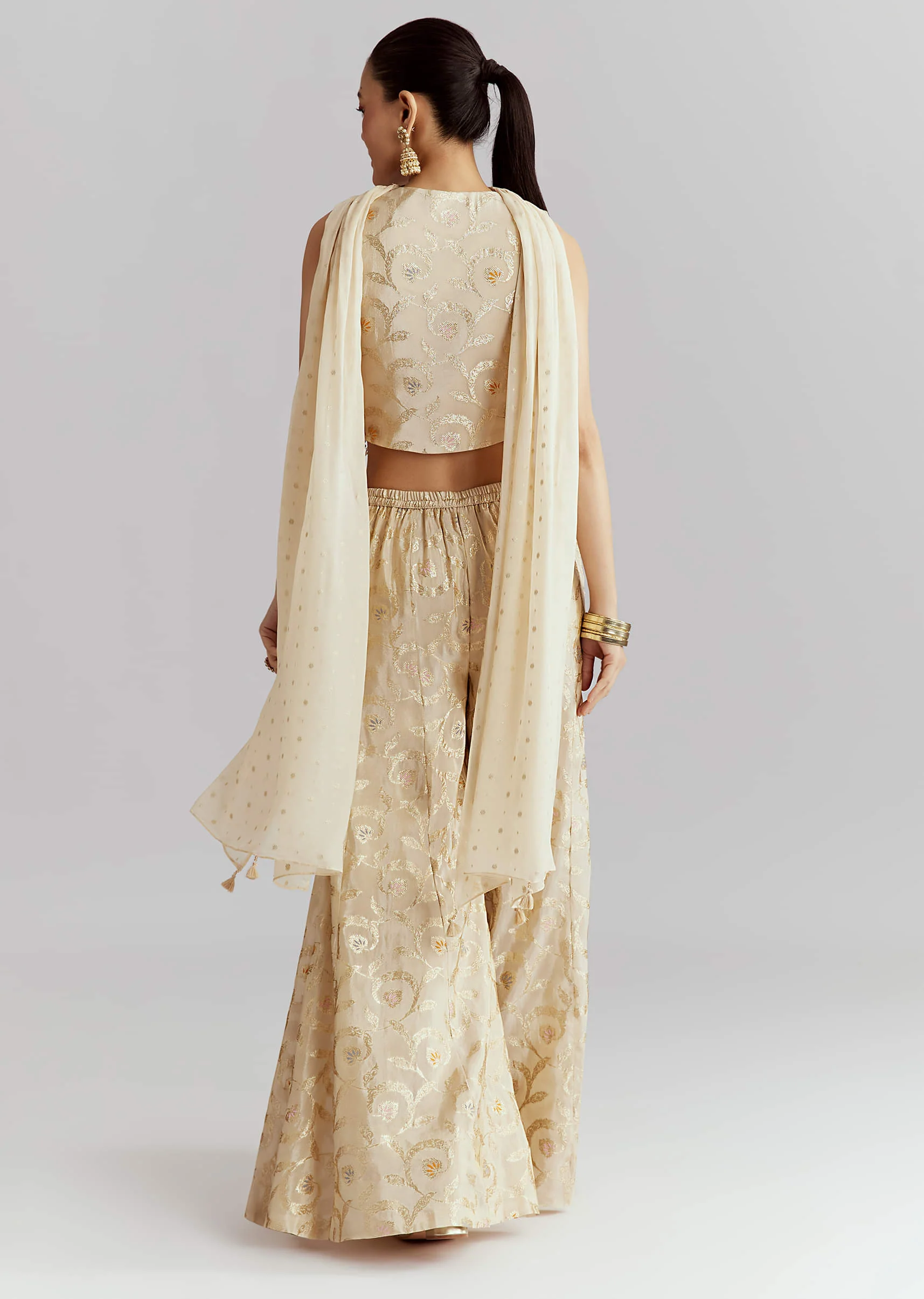 Cream Tissue Crop Top And Palazzo Pant Set With Embroidery - Image 5