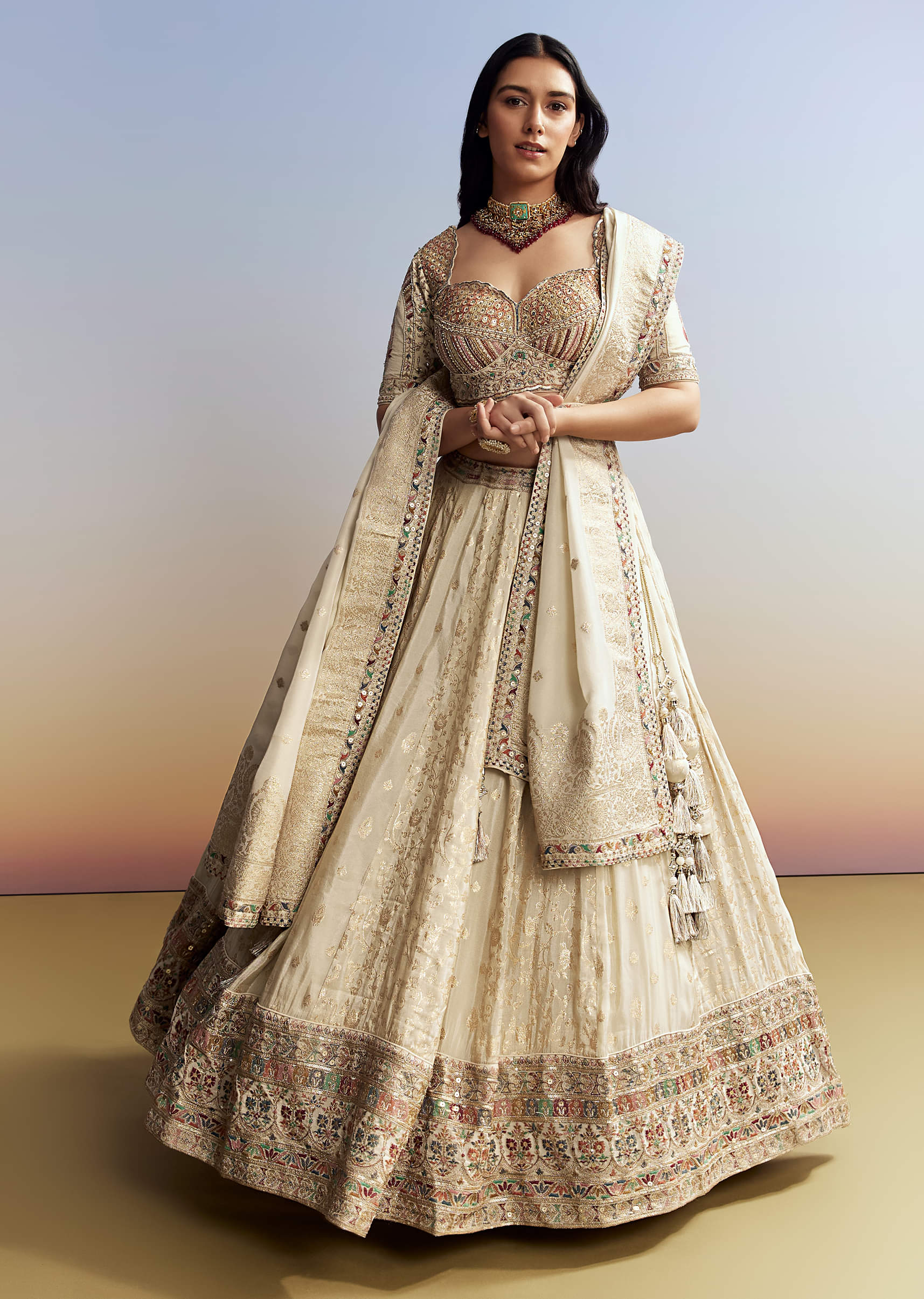 Cream Tissue Embroidered Bridesmaid Lehenga - Image 3