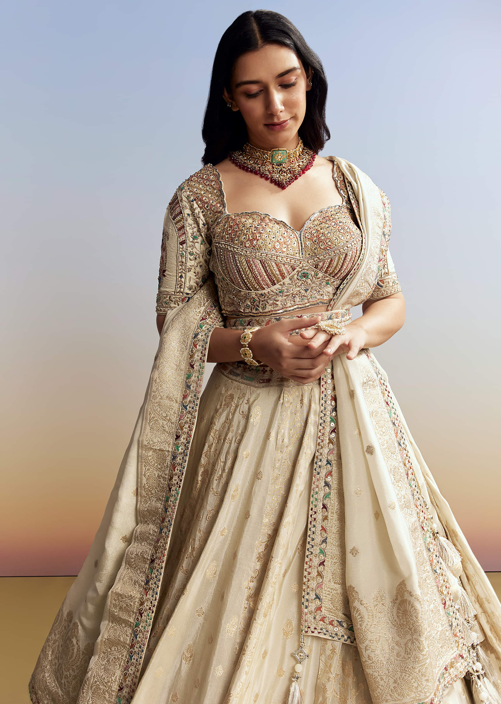 Cream Tissue Embroidered Bridesmaid Lehenga - Image 4